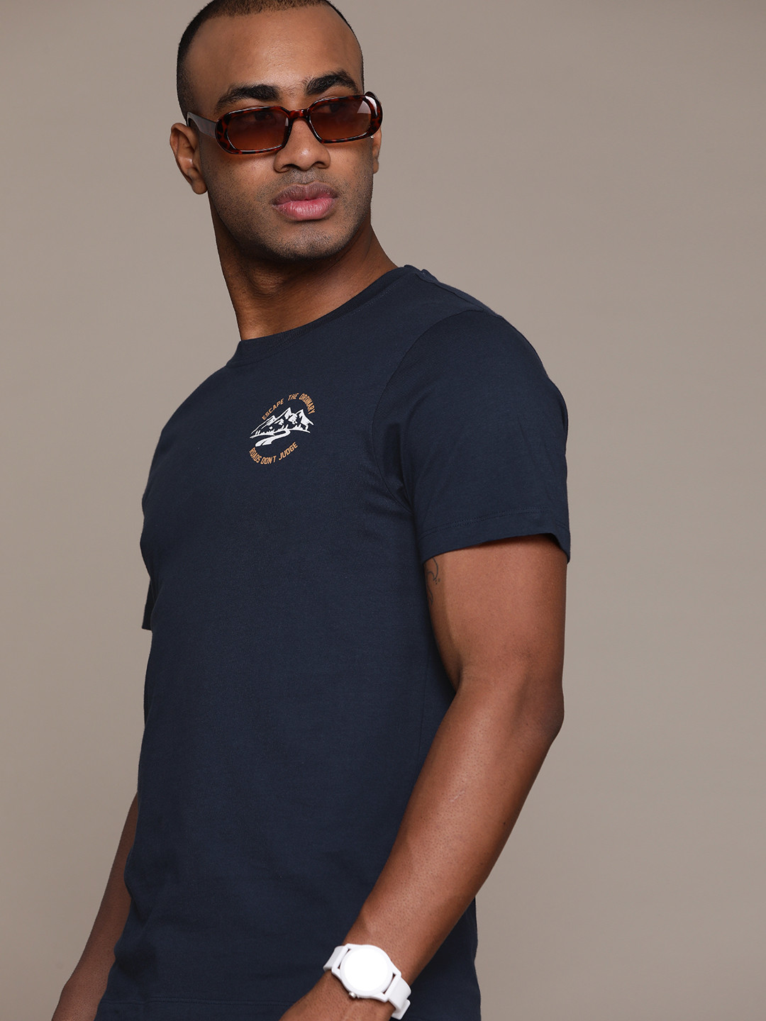 

The Roadster Lifestyle Co. Placement Print Pure Cotton T-shirt, Navy blue
