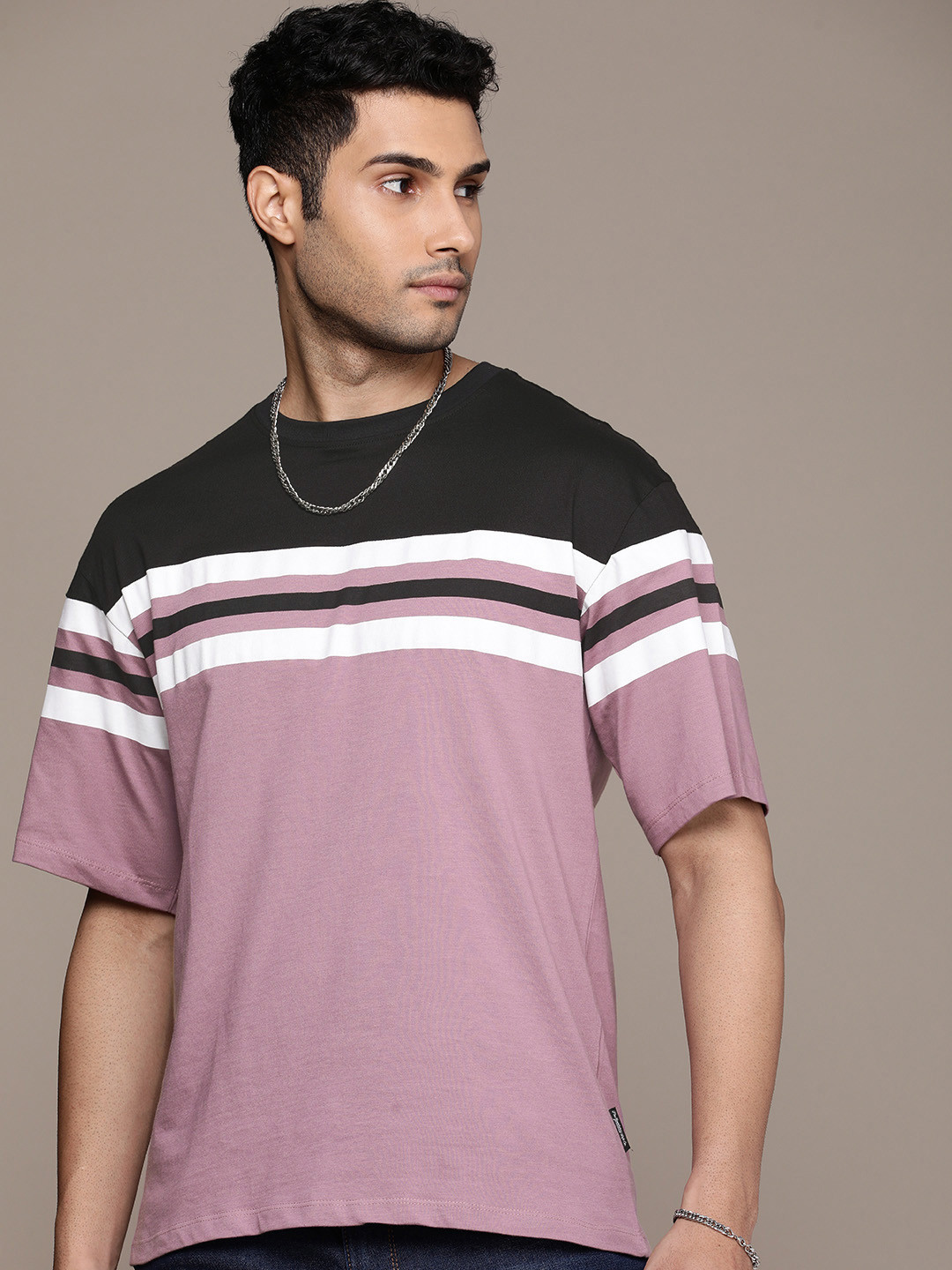 

The Roadster Life Co. Striped Drop-Shoulder Sleeves Relaxed Fit Pure Cotton T-shirt, Lavender