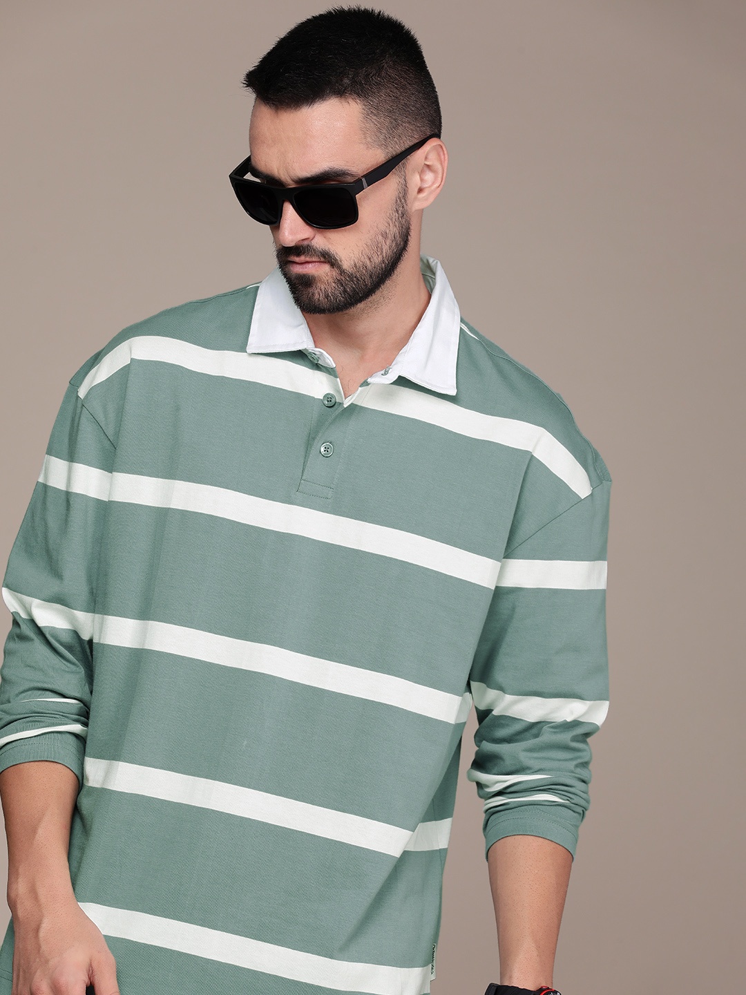 

The Roadster Lifestyle Co. Men Striped Polo Collar Pure Cotton T-shirt, Green
