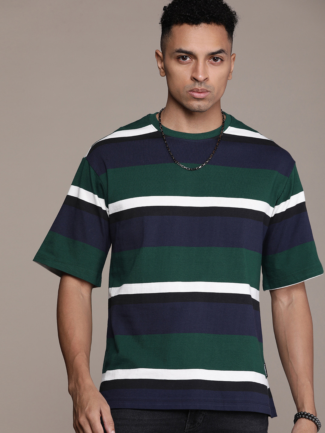 

The Roadster Life Co. Pure Cotton Relaxed Fit Striped Drop-Shoulder Sleeves T-shirt, Green