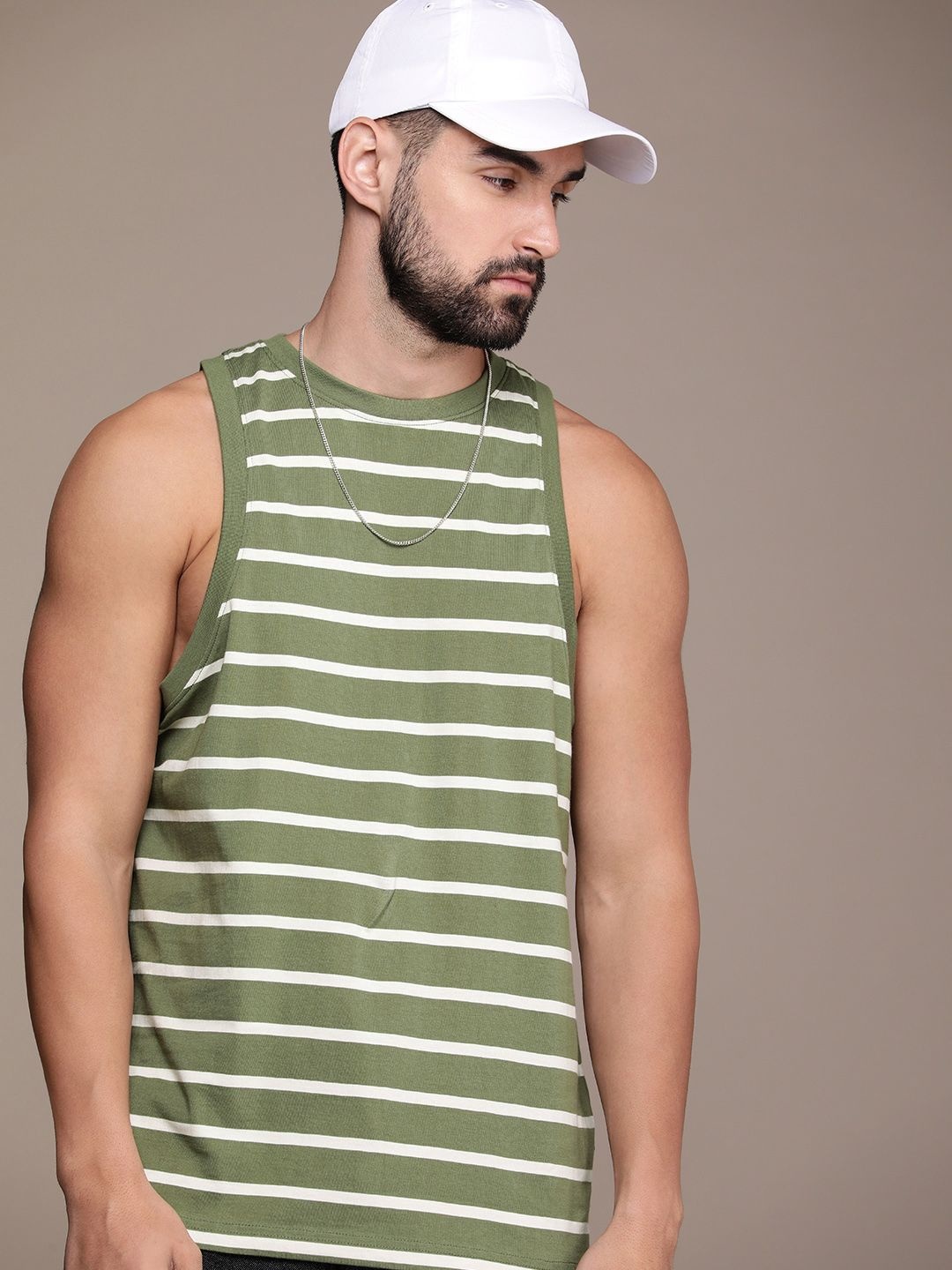 

The Roadster Life Co. Striped Sleeveless Casual T-shirt, Olive