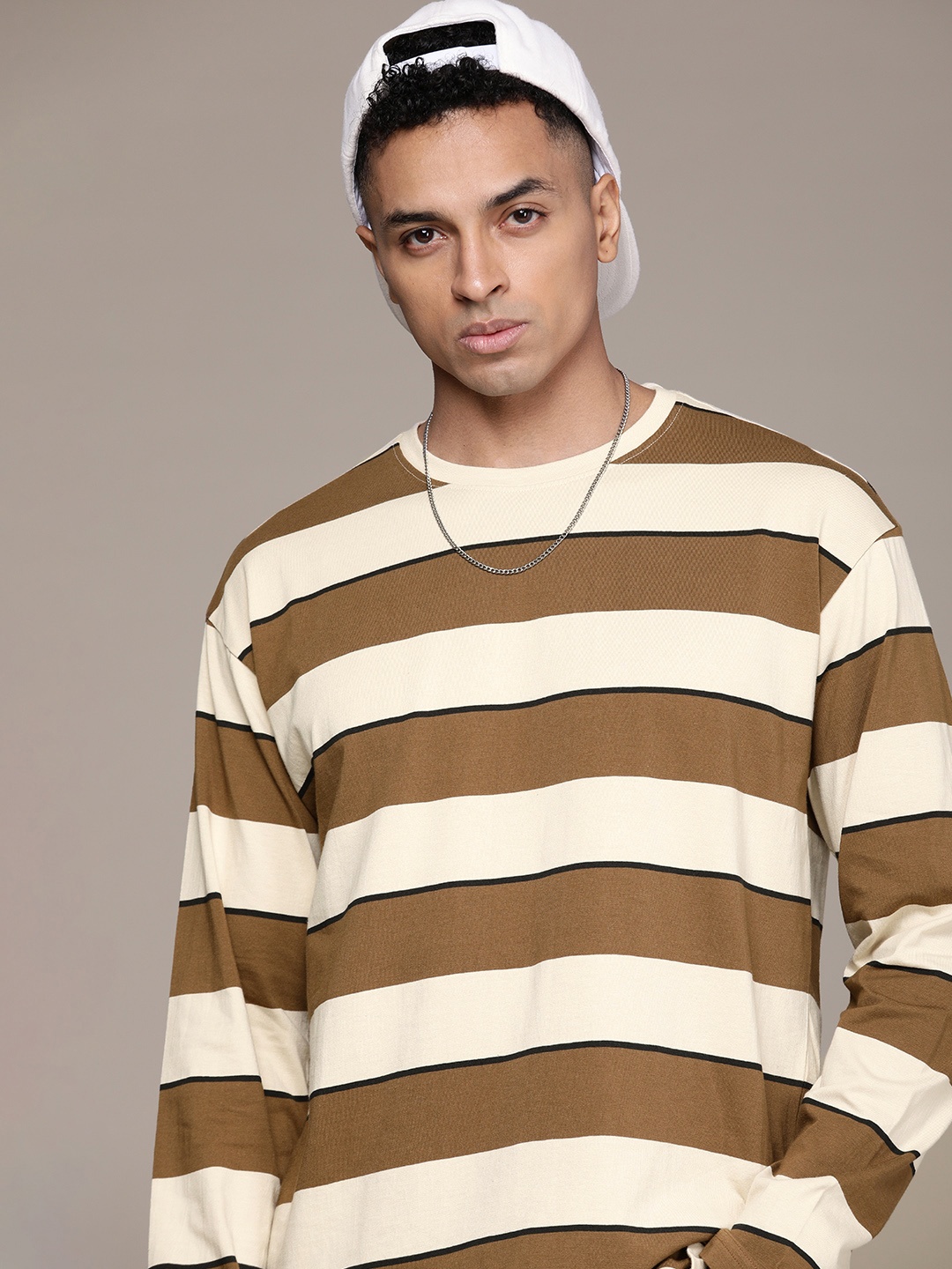 

The Roadster Life Co. Striped Relaxed Fit Pure Cotton T-shirt, Brown