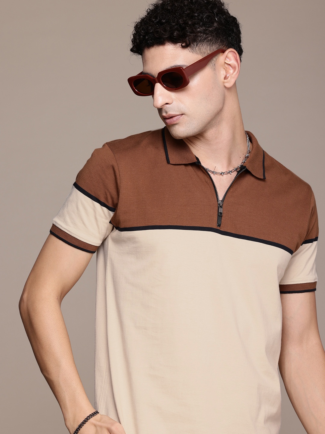 

The Roadster Life Co. Colourblocked Polo Collar Pure Cotton T-shirt, Brown