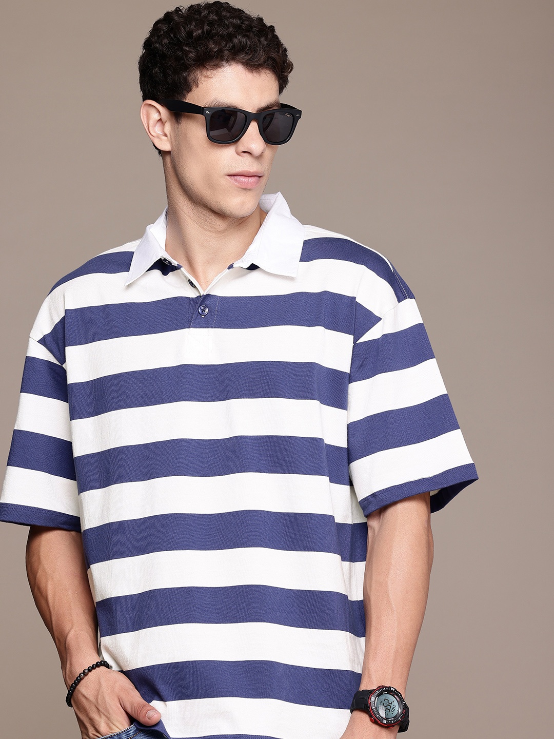 

The Roadster Life Co. Striped Polo Collar Oversized Pure Cotton T-shirt, Blue