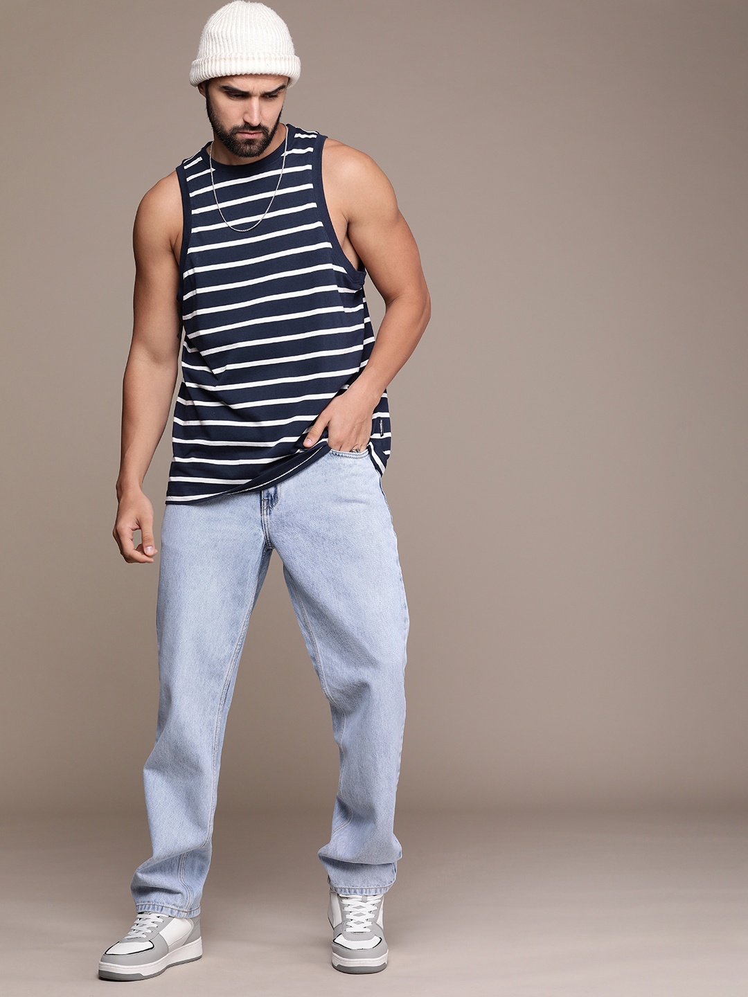 

The Roadster Life Co. Striped Sleeveless Casual T-shirt, Navy blue