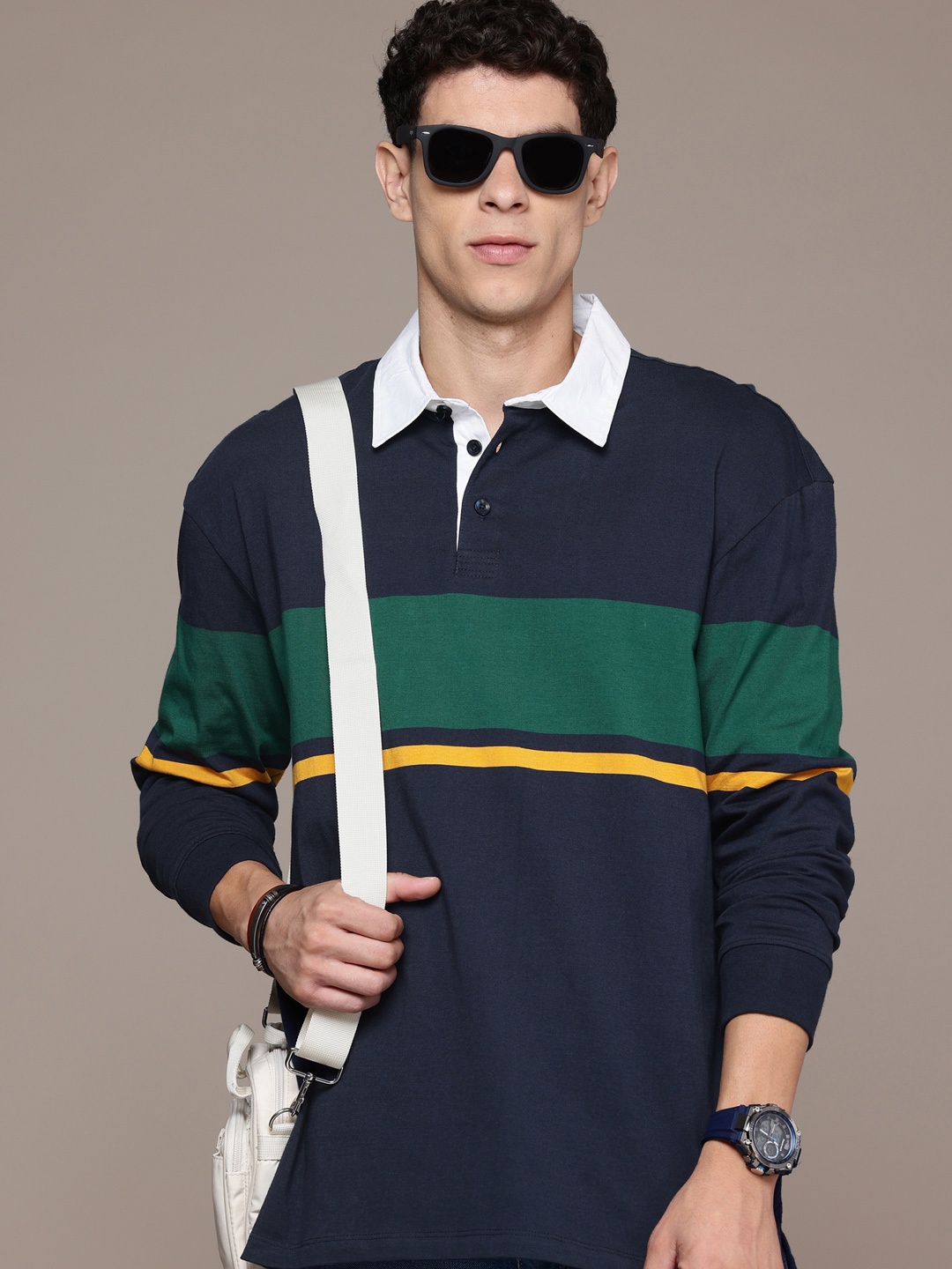 

The Roadster Lifestyle Co. Relaxed Fit Cotton Polo Collar Striped Casual T-shirt, Navy blue