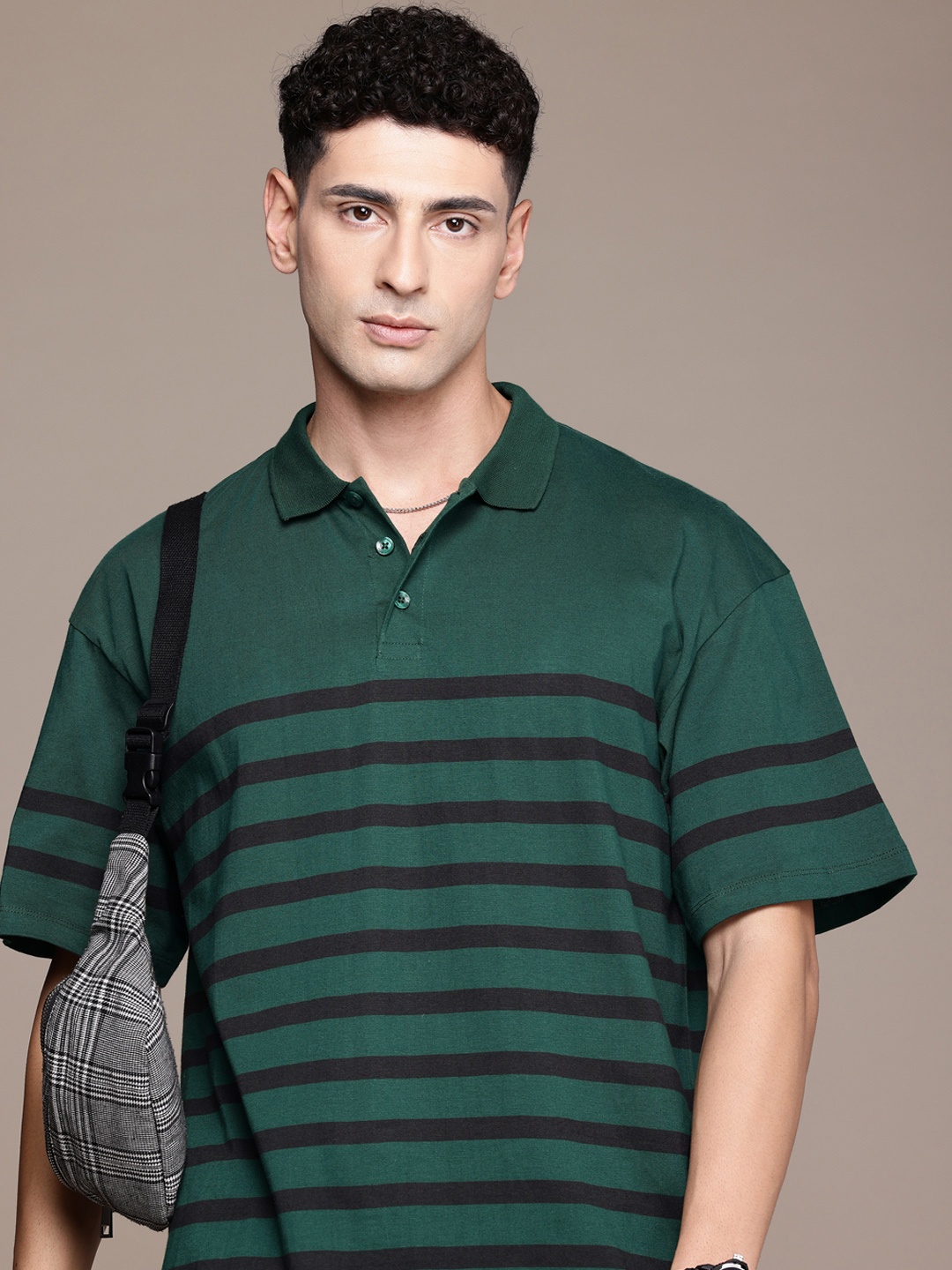 

The Roadster Life Co. Relaxed Fit Striped Polo Collar Pure Cotton T-shirt, Green