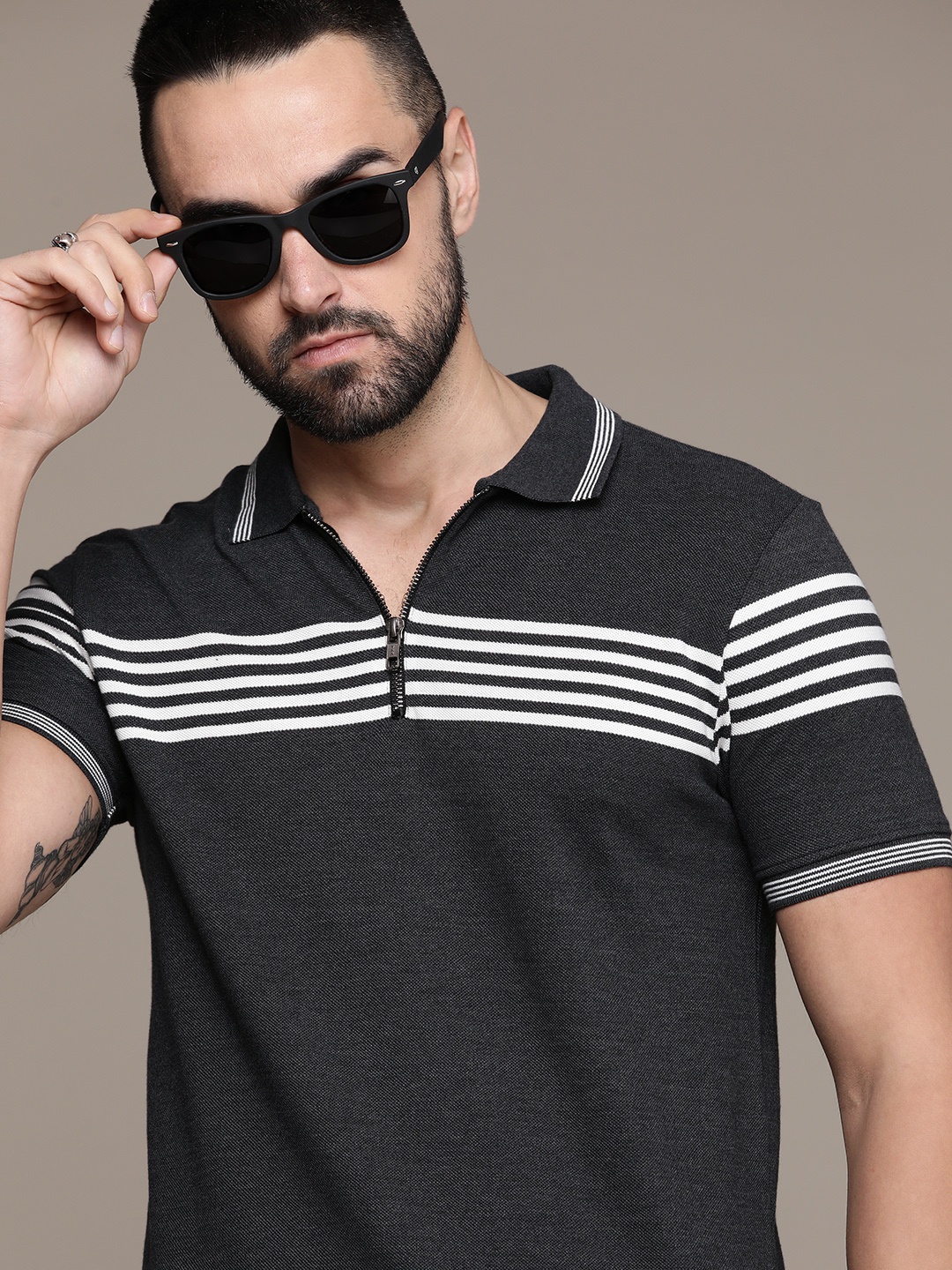 

The Roadster Life Co. Pure Cotton Striped Polo Collar T-shirt, Grey