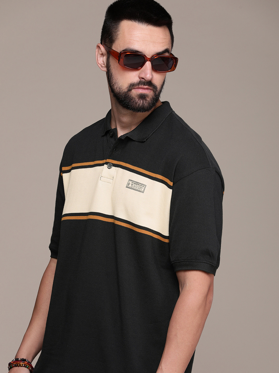 

The Roadster Life Co. Colourblocked Polo Collar Drop-Shoulder Sleeves Pure Cotton T-shirt, Black