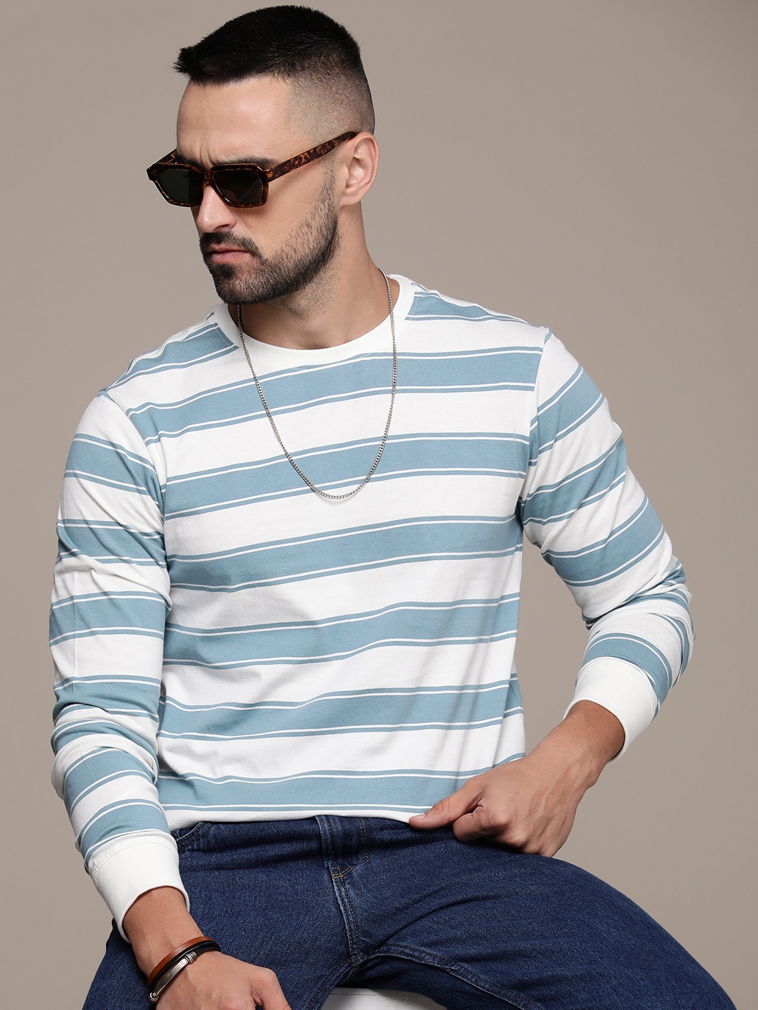 

The Roadster Life Co. Pure Cotton Long Sleeves Striped Casual T-shirt, Blue