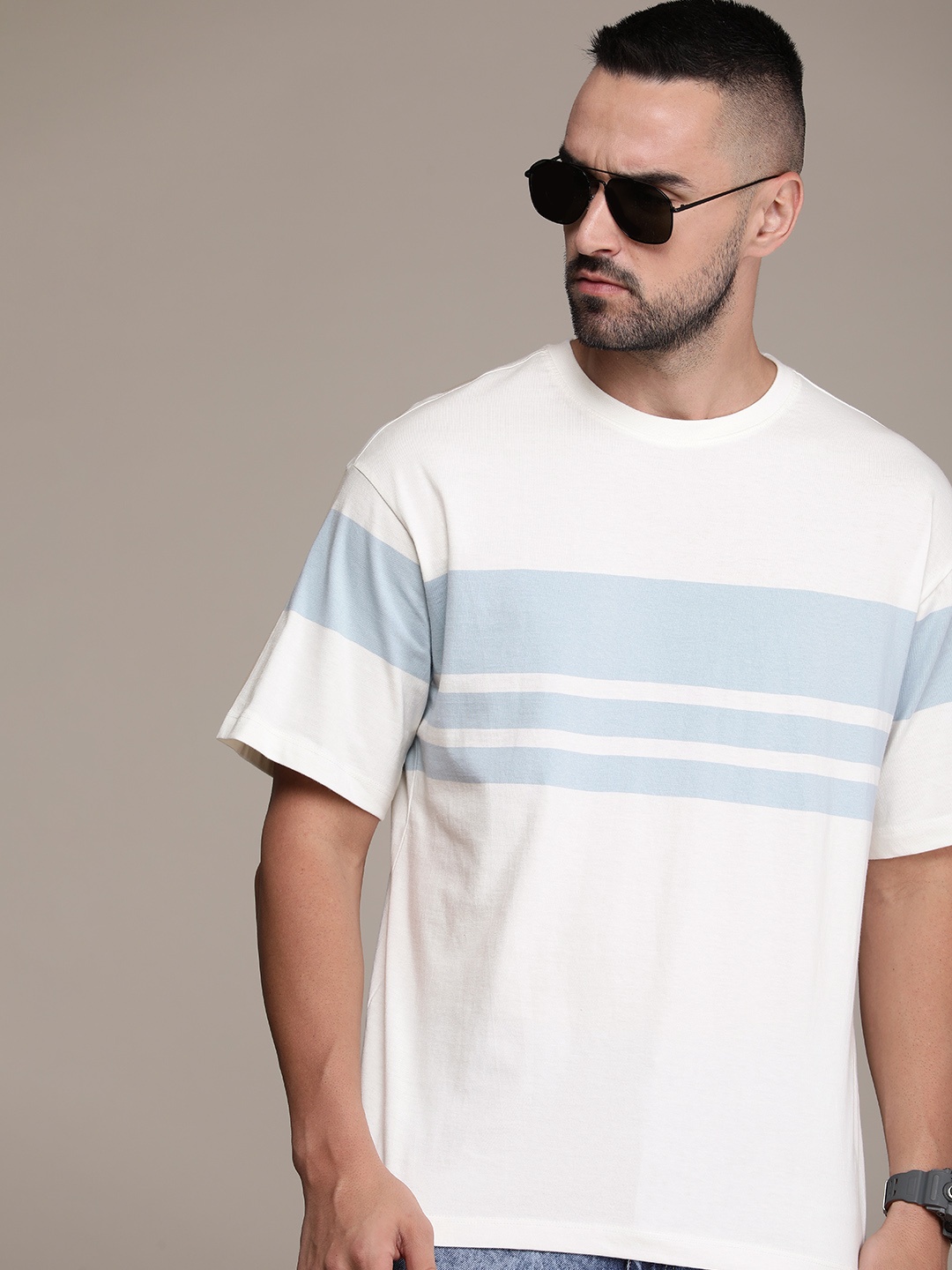 

The Roadster Life Co. Striped Drop-Shoulder Sleeves Pure Cotton Oversized T-shirt, White