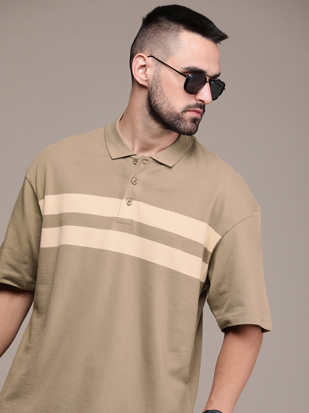 

The Roadster Life Co. Striped Polo Collar Drop-Shoulder Sleeves Pure Cotton T-shirt, Beige