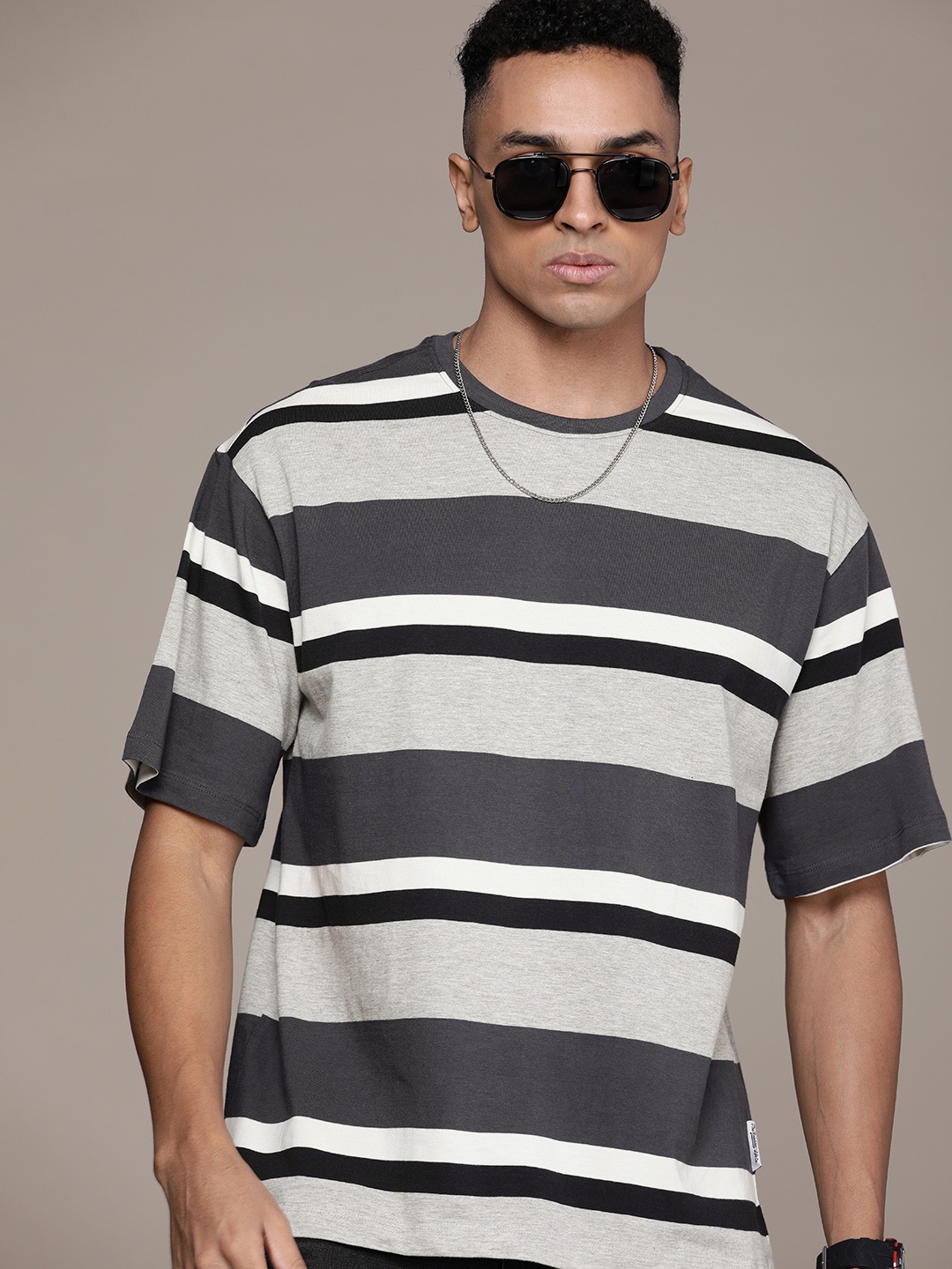 

The Roadster Life Co. Striped Relaxed Fit Pure Cotton T-shirt, Charcoal