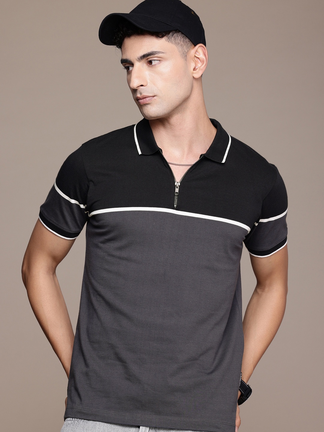 

The Roadster Life Co. Colourblocked Polo Collar Pure Cotton T-shirt, Black