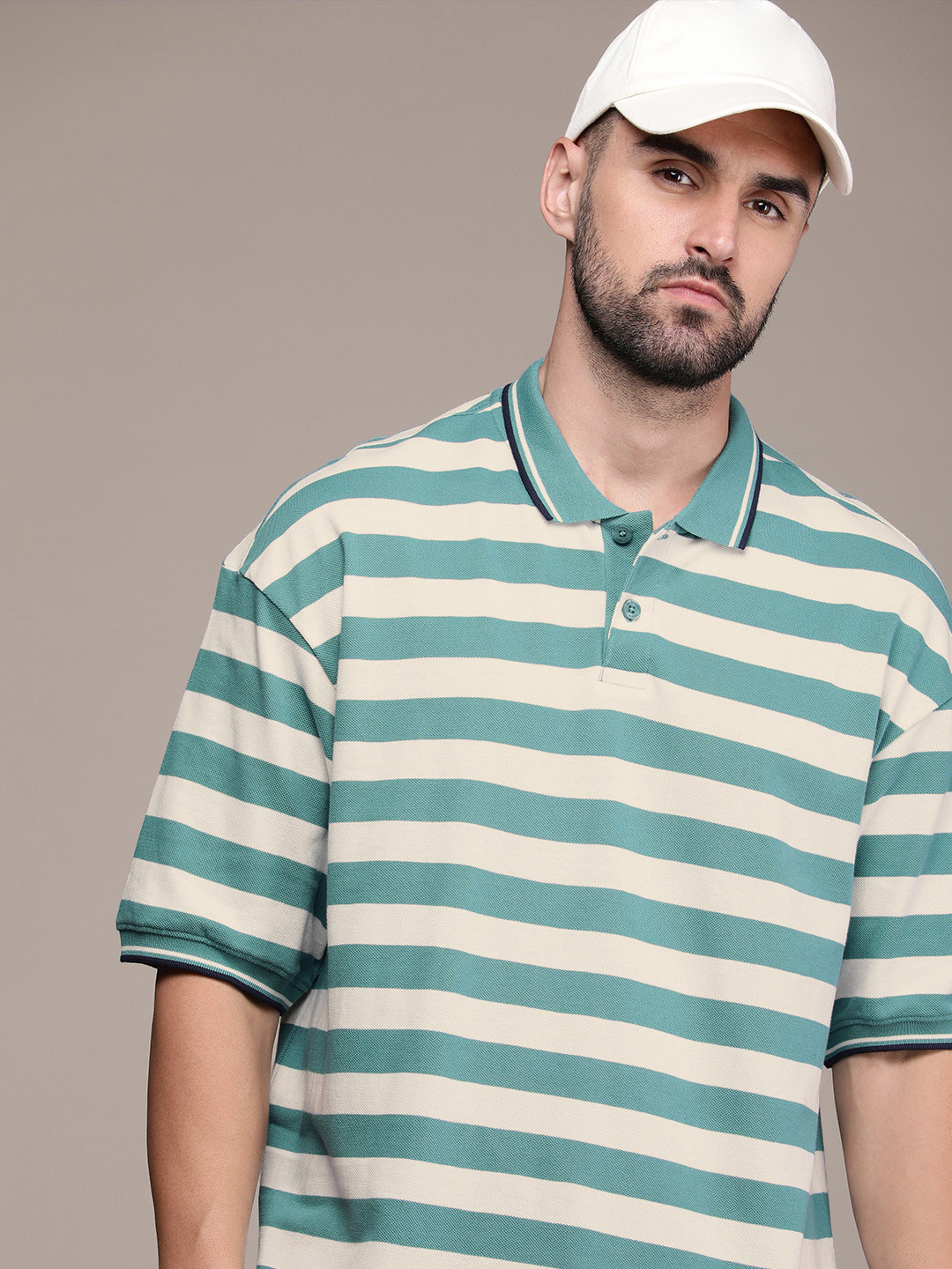 

The Roadster Life Co. Striped Polo Collar Drop-Shoulder Sleeves Pure Cotton T-shirt, White