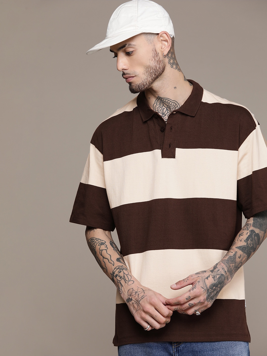 

The Roadster Lifestyle Co. Relaxed Fit Pure Cotton Striped Polo Collar Drop-Shoulder Sleeves T-shirt, Brown