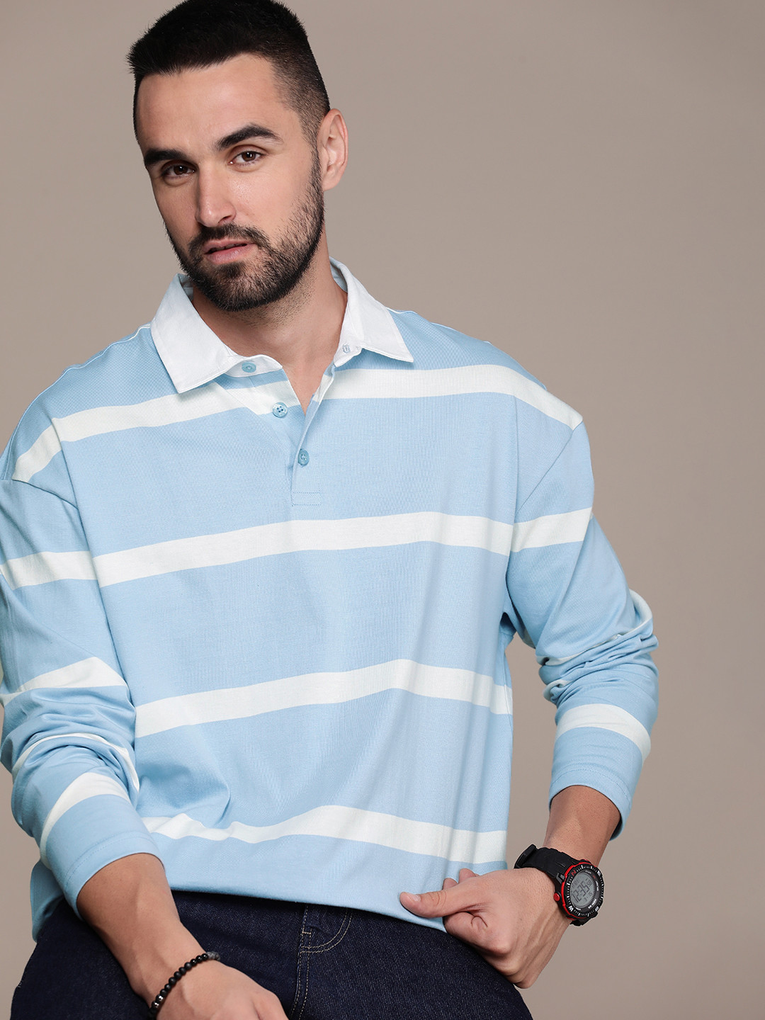 

The Roadster Lifestyle Co. Men Striped Polo Collar Pure Cotton T-shirt, Blue