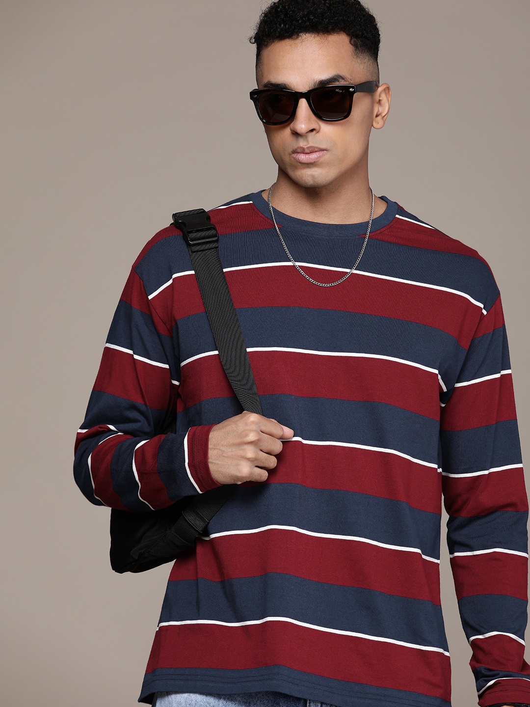 

The Roadster Life Co. Striped Relaxed Fit Pure Cotton T-shirt, Red