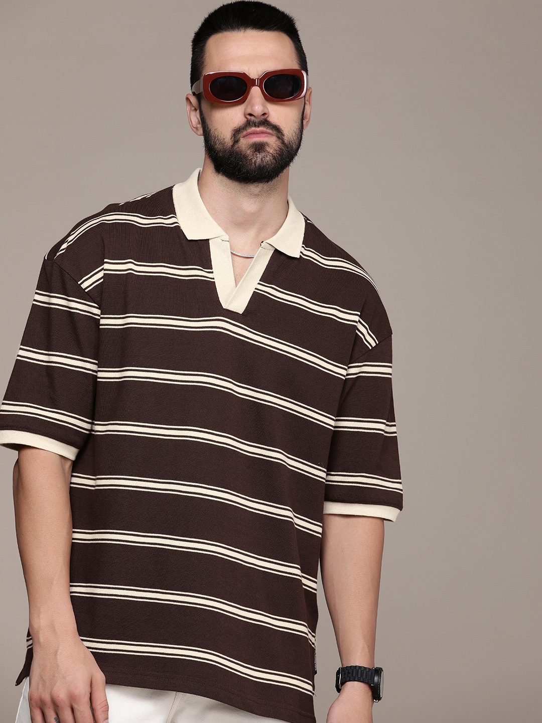 

The Roadster Life Co. Striped Polo Collar Pure Cotton T-shirt, Brown