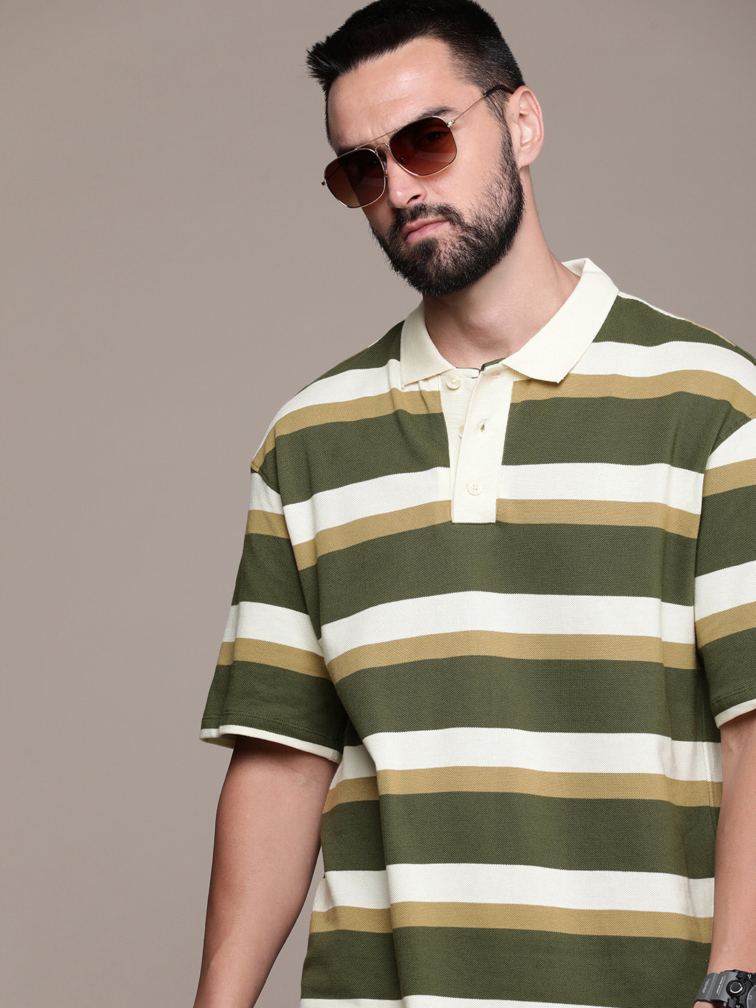 

The Roadster Life Co. Striped Polo Collar Drop-Shoulder Sleeves Pure Cotton T-shirt, Olive
