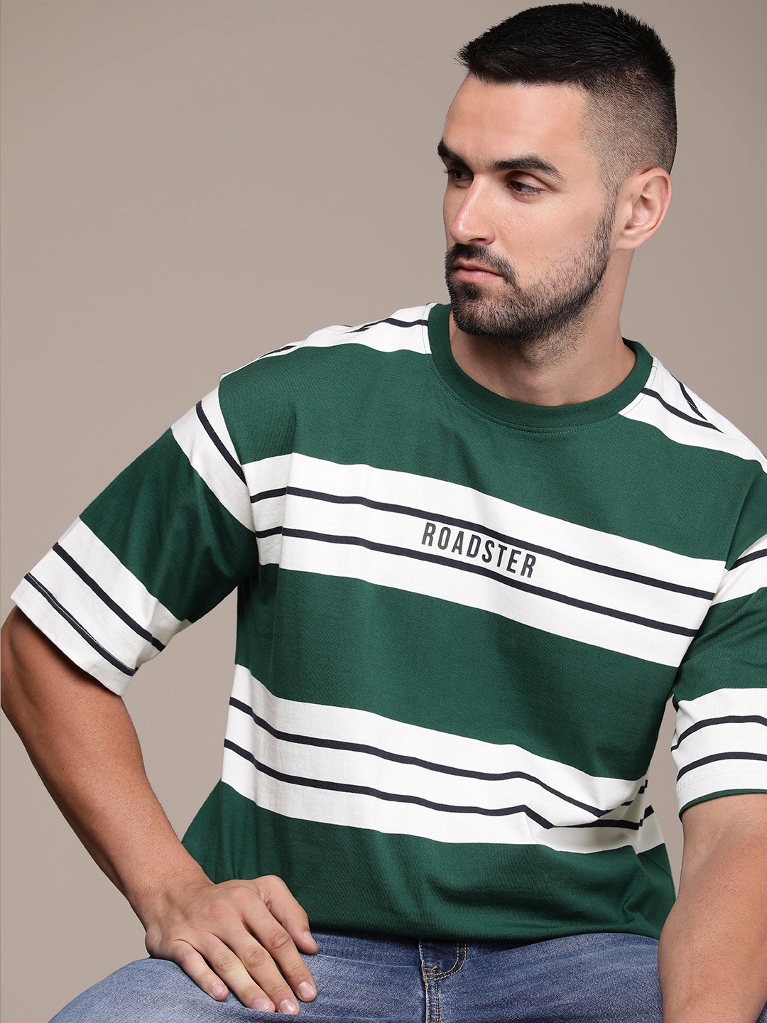 

The Roadster Life Co. Pure Cotton Striped Drop-Shoulder Sleeves Oversized T-shirt, Green