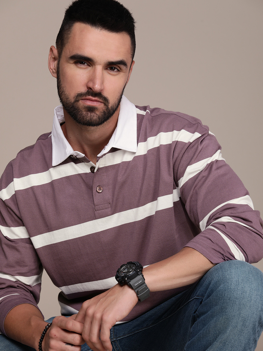 

The Roadster Lifestyle Co. Men Striped Polo Collar Pure Cotton T-shirt, Mauve