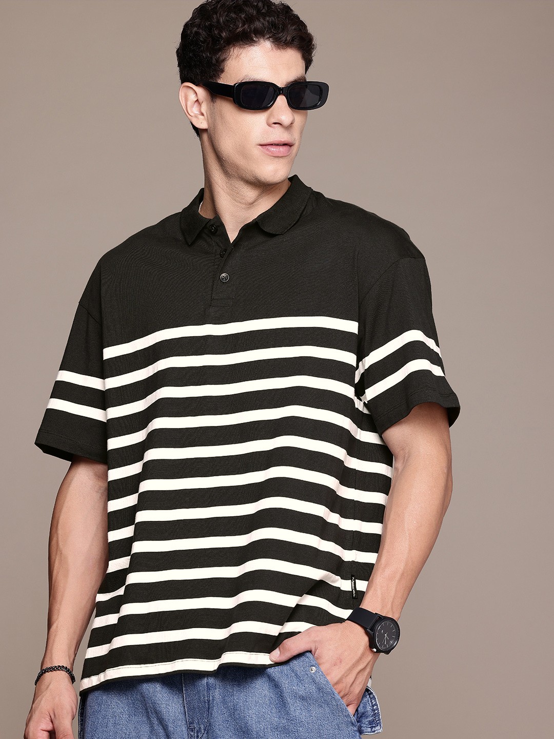 

The Roadster Lifestyle Co. Relaxed Fit Pure Cotton Striped Polo Collar T-shirt, Black