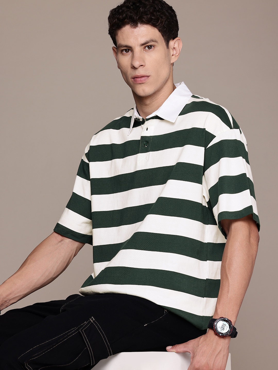 

The Roadster Life Co. Relaxed Fit Striped Polo Collar Pure Cotton T-shirt, Green