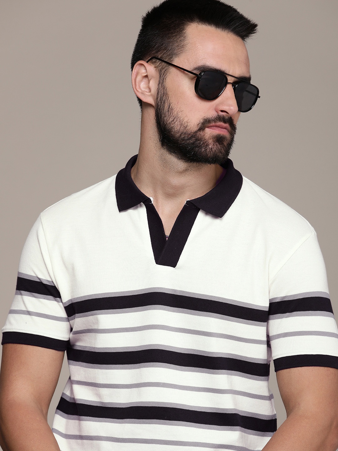 

The Roadster Life Co. Striped Polo Collar Pure Cotton T-shirt, White