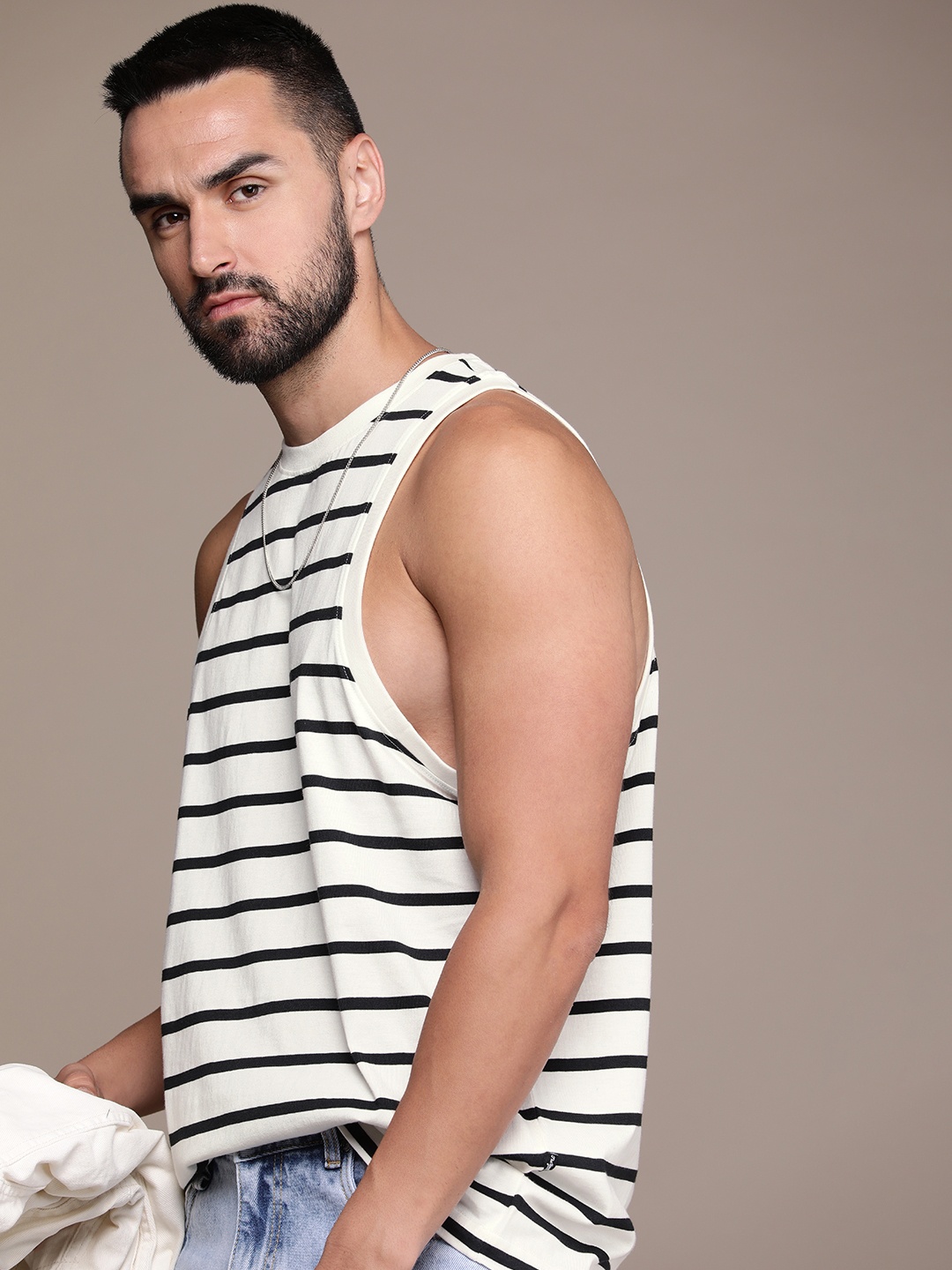 

The Roadster Life Co. Striped Sleeveless Casual T-shirt, White