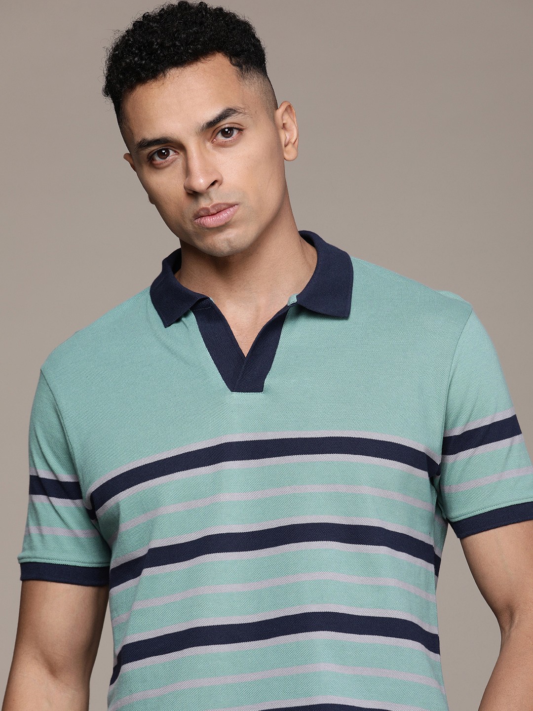 

The Roadster Life Co. Striped Polo Collar Pure Cotton T-shirt, Green