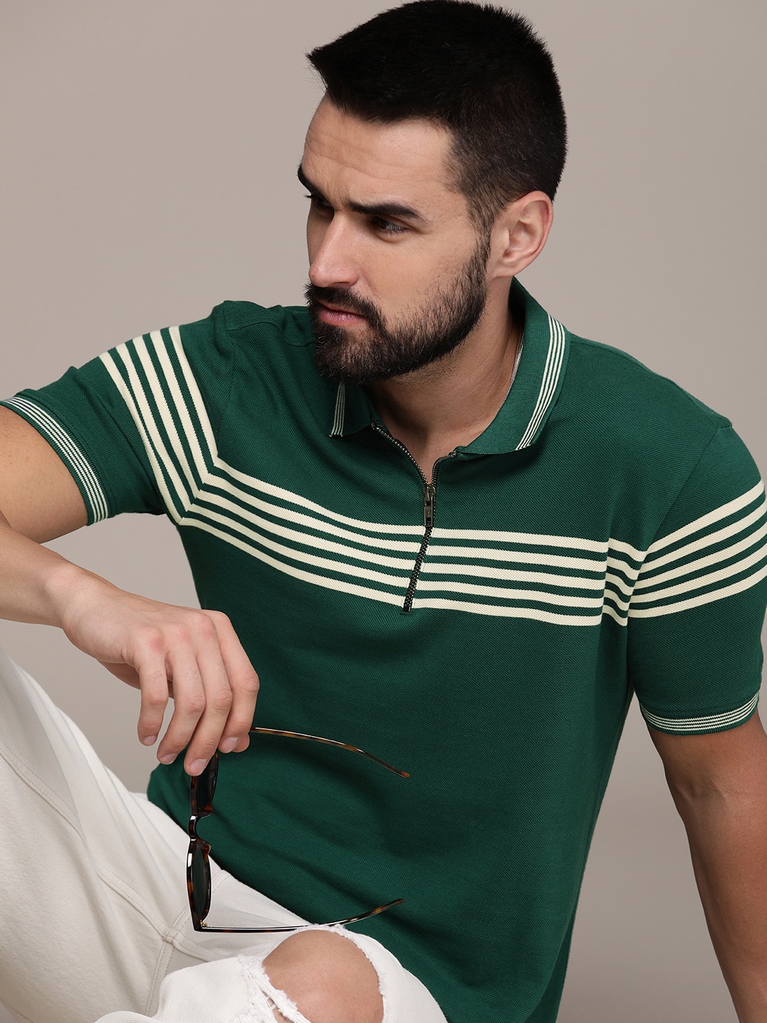 

The Roadster Life Co. Striped Polo Collar Pure Cotton T-shirt, Green