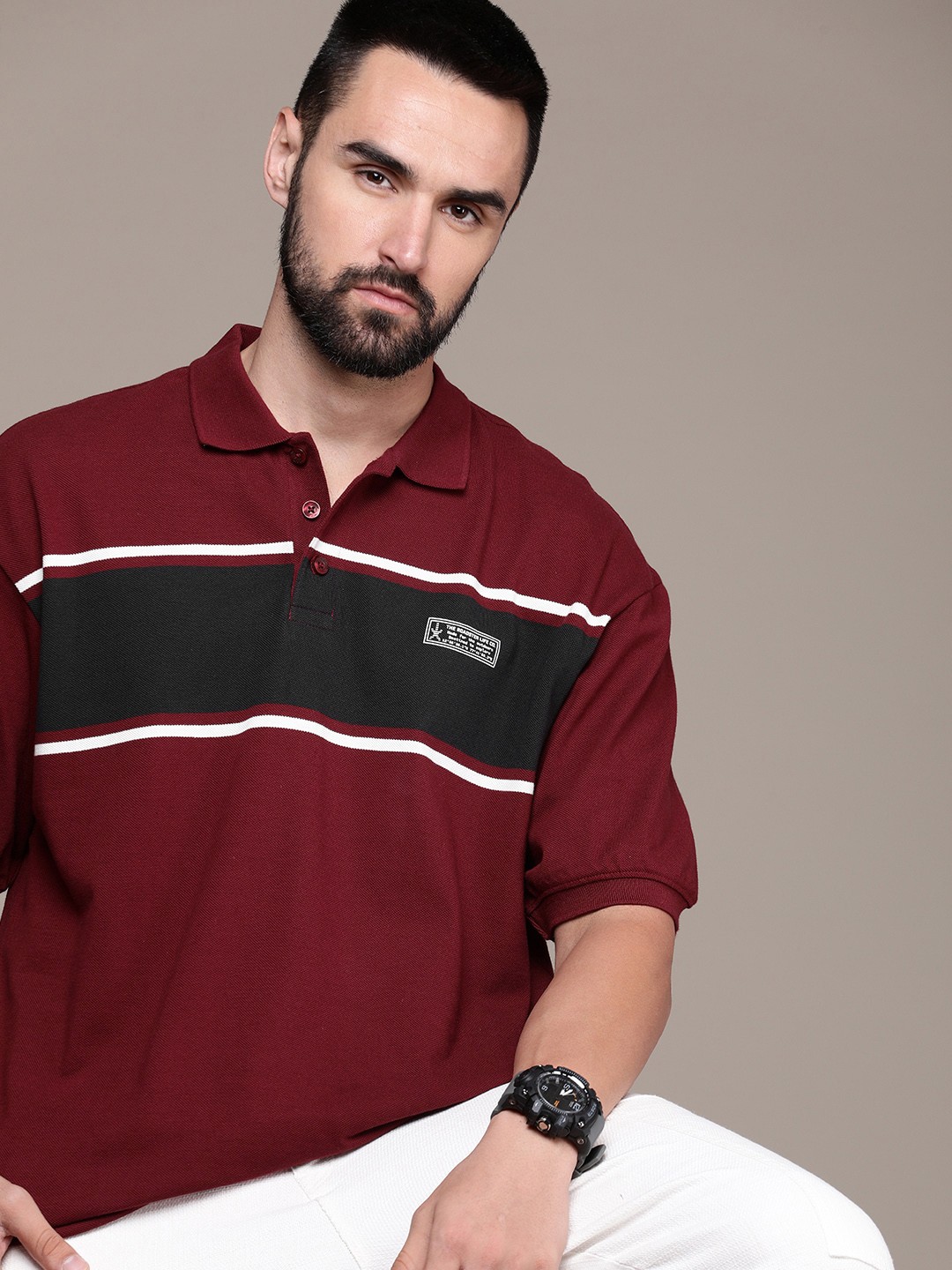 

The Roadster Life Co. Colourblocked Polo Collar Drop-Shoulder Sleeves Pure Cotton T-shirt, Maroon