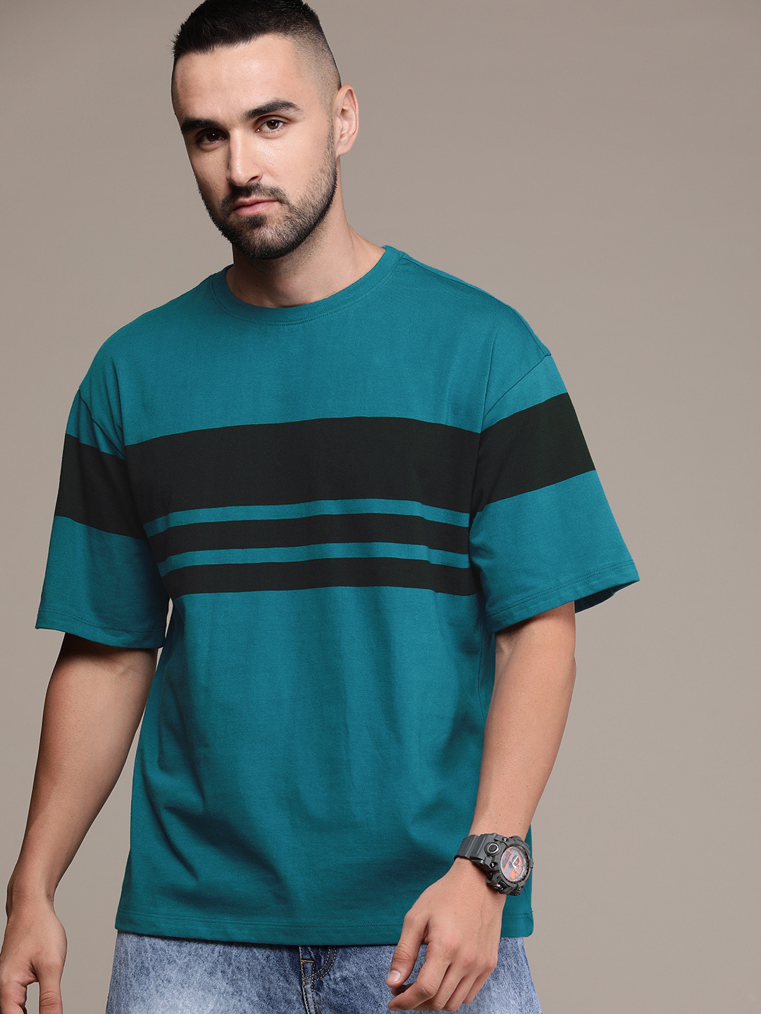 

The Roadster Life Co. Striped Drop-Shoulder Sleeves Pure Cotton Oversized T-shirt, Teal