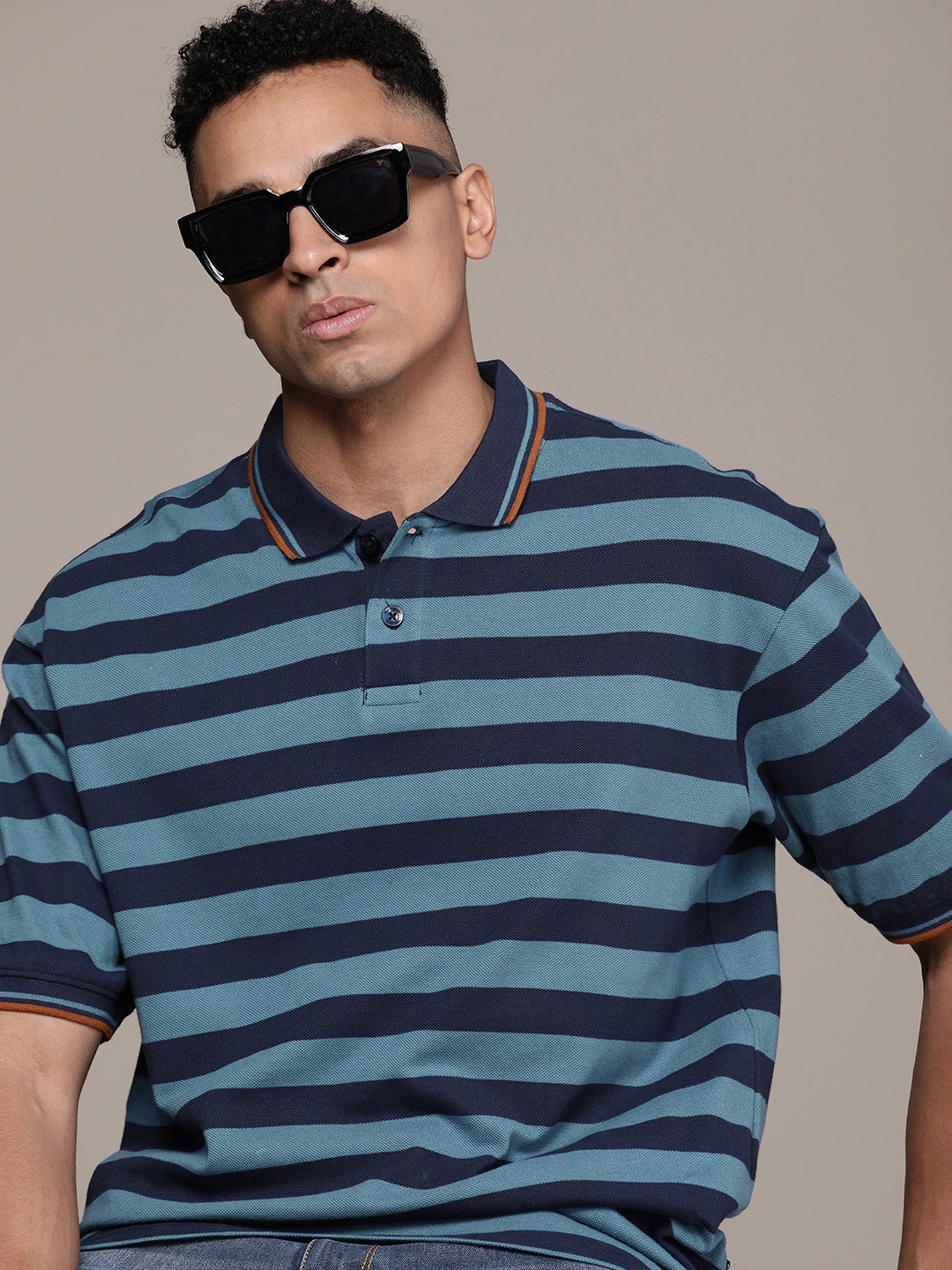 

The Roadster Life Co. Striped Polo Collar Pure Cotton T-shirt, Blue