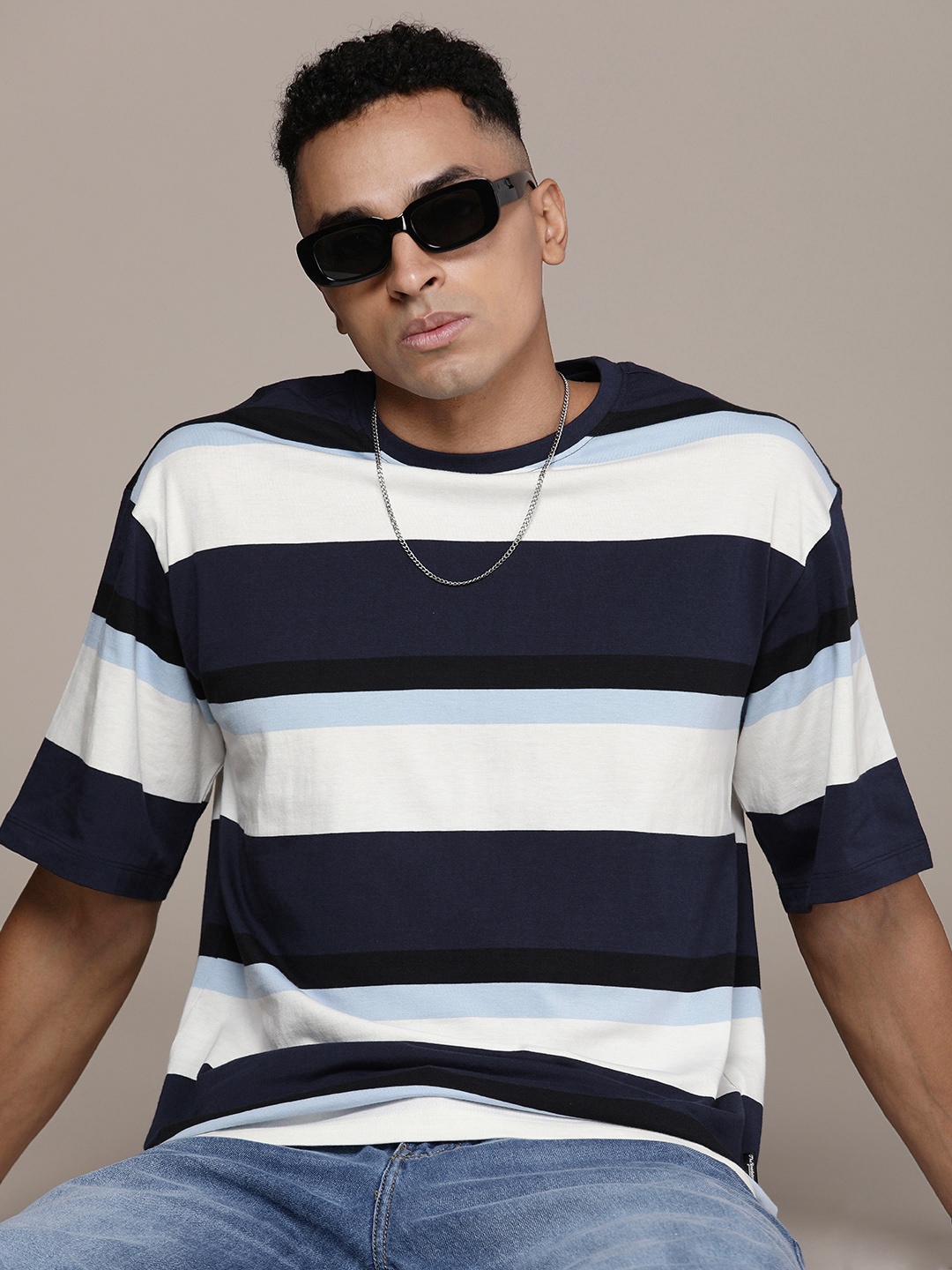 

The Roadster Life Co. Striped Relaxed Fit Pure Cotton T-shirt, Navy blue