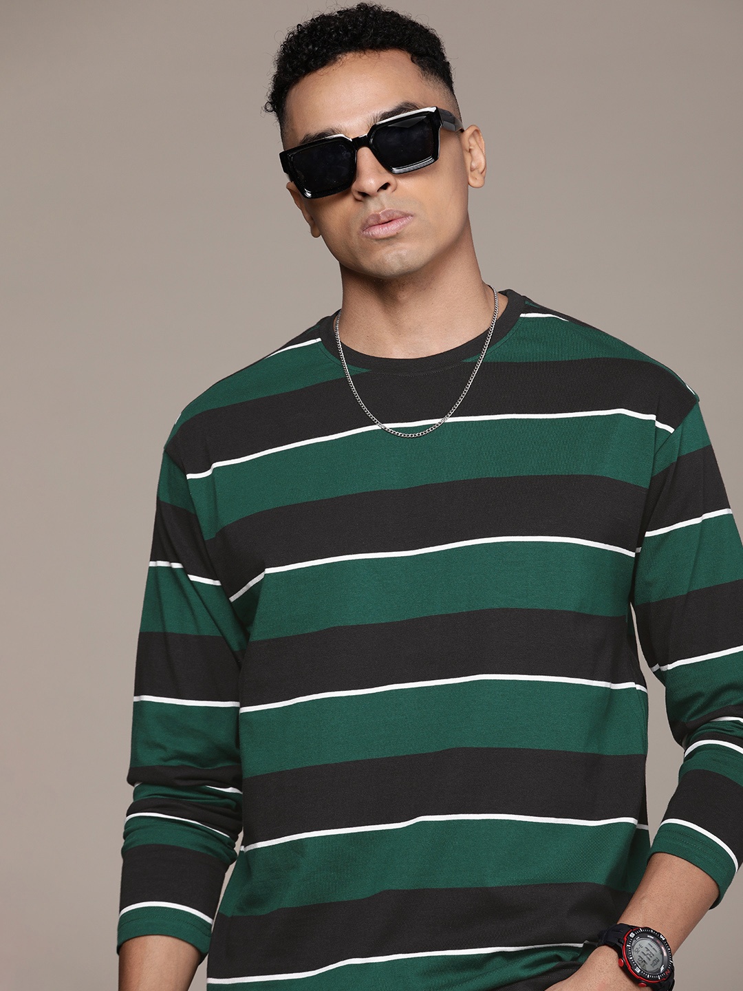 

The Roadster Life Co. Striped Relaxed Fit Pure Cotton T-shirt, Green