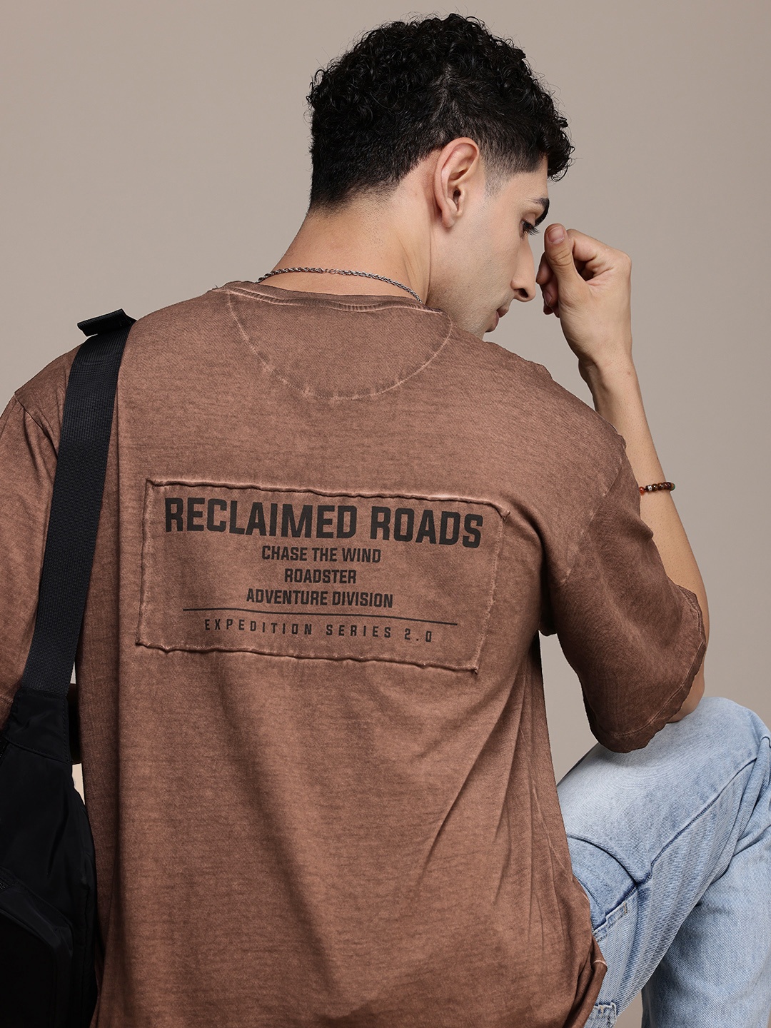 

The Roadster Life Co. Pure Cotton Relaxed Fit Printed Drop-Shoulder Sleeves Washed T-shirt, Brown
