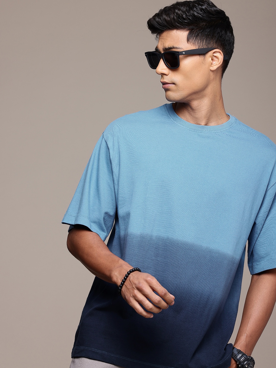 

The Roadster Life Co. Ombre Dyed Drop-Shoulder Sleeves Relaxed Fit Pure Cotton T-shirt, Blue