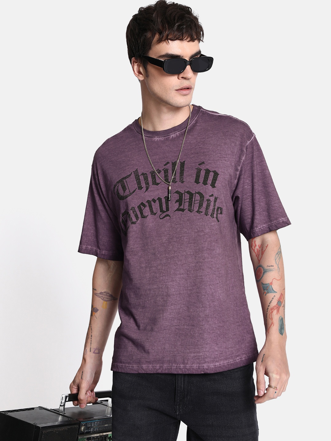 

The Roadster Life Co. Pure Cotton Printed Relaxed Fit Drop-Shoulder Sleeves T-shirt, Purple