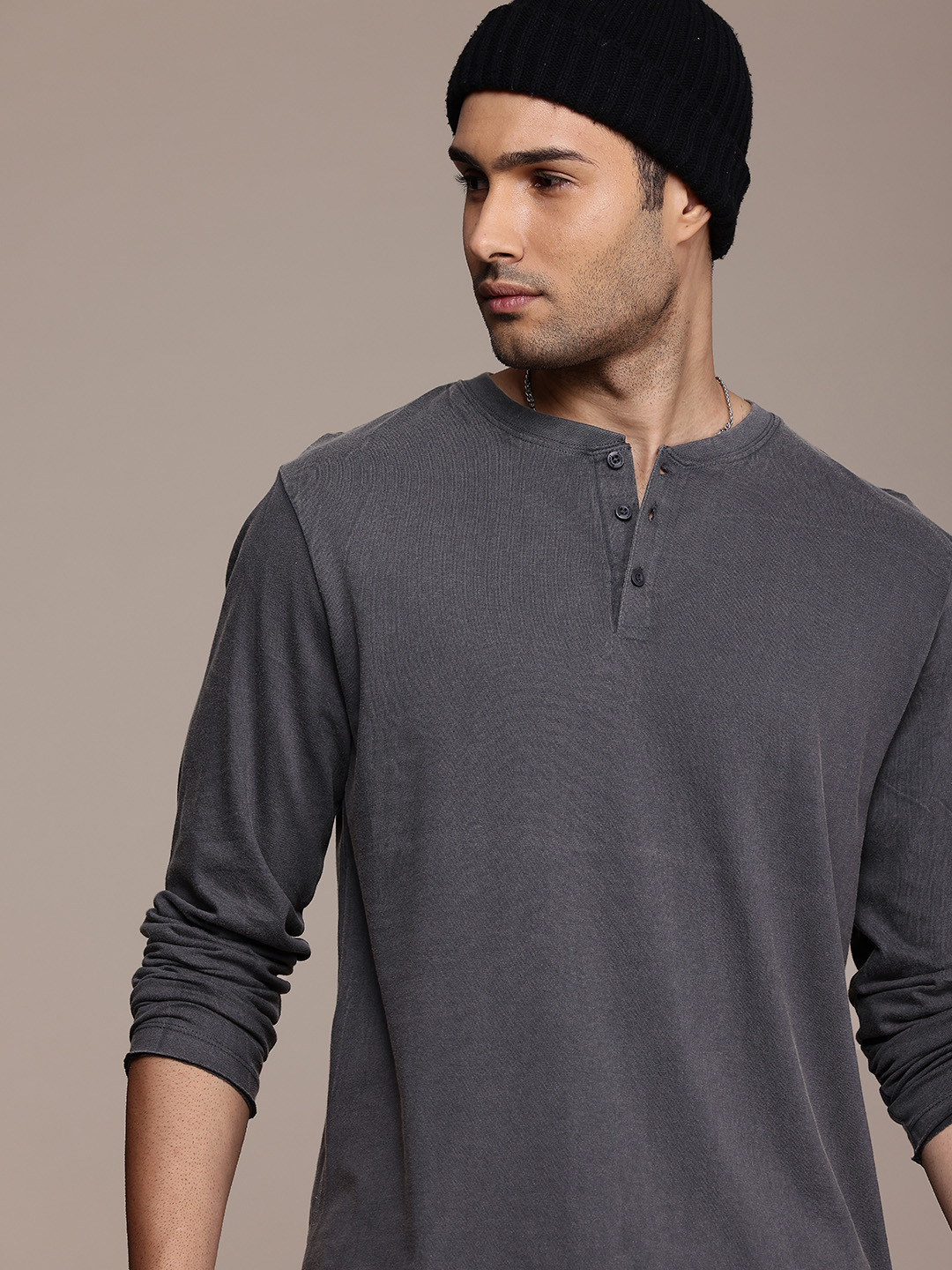 

The Roadster Life Co. Pure Cotton Henley Neck Long Sleeves Casual T-shirt, Grey