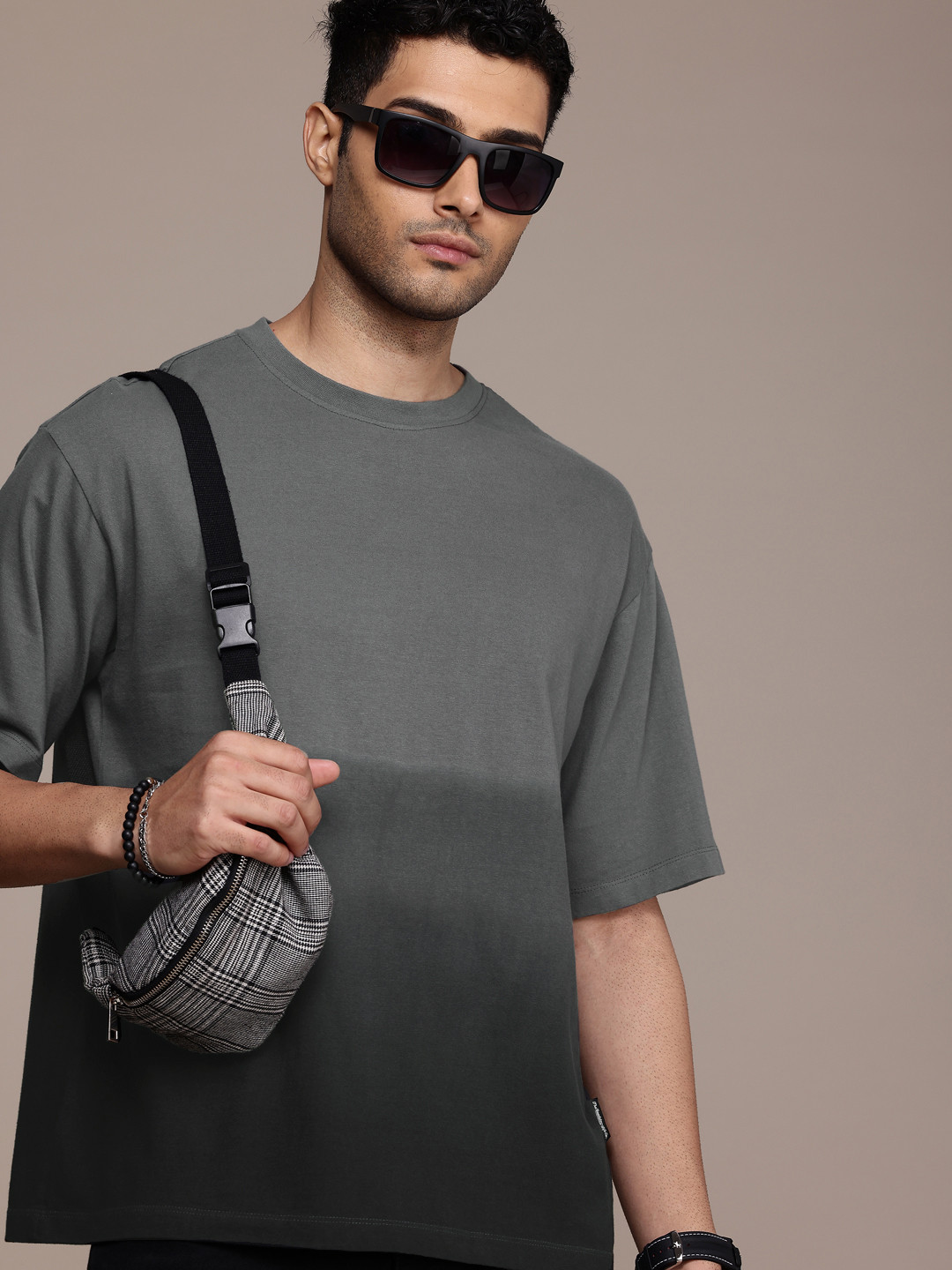

The Roadster Life Co. Ombre Dyed Drop-Shoulder Sleeves Pure Cotton Relaxed Fit T-shirt, Grey
