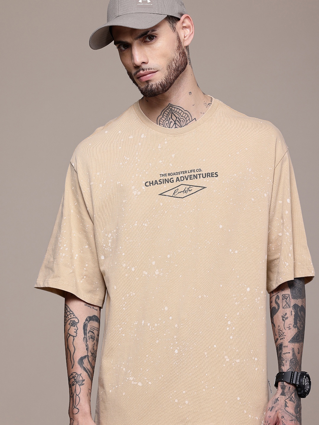 

The Roadster Life Co. Printed Oversized Drop-Shoulder Sleeves Pure Cotton T-shirt, Beige