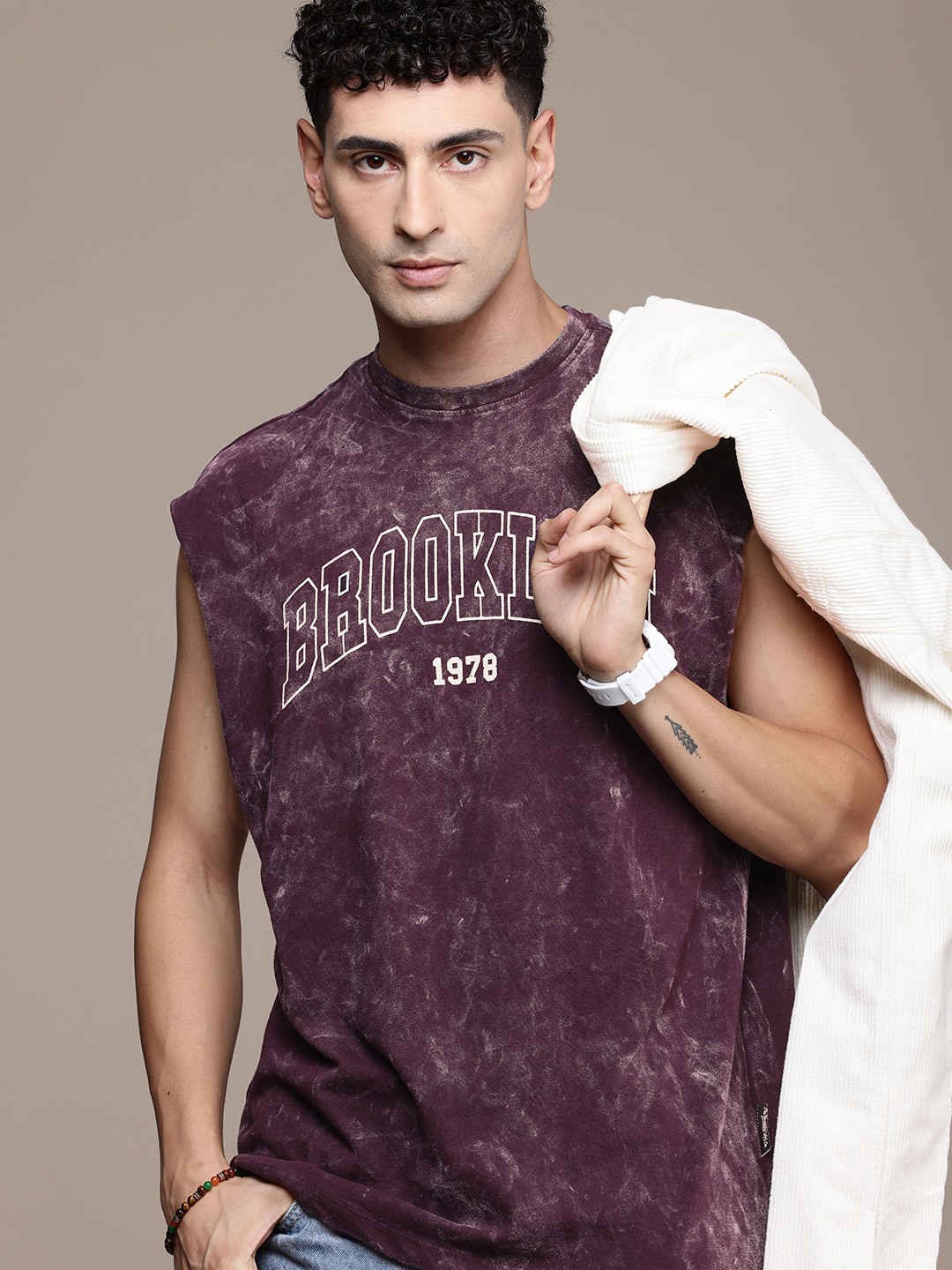 

The Roadster Life Co. Pure Cotton Relaxed Fit Typography Printed Washed T-shirt, Purple