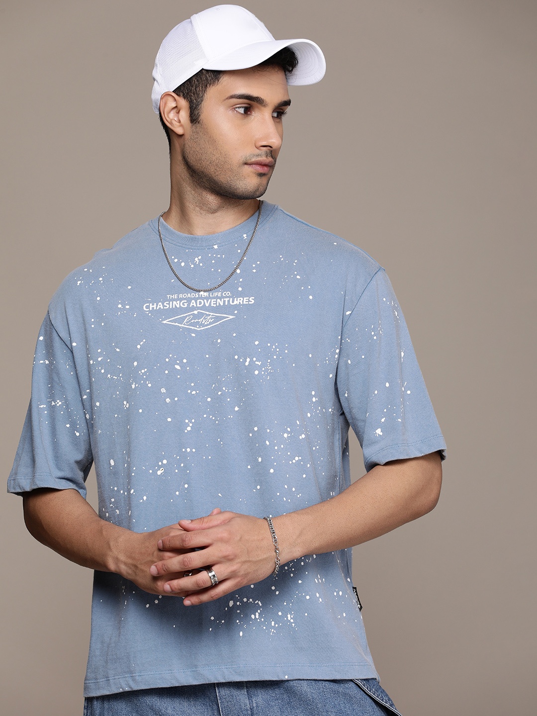 

The Roadster Life Co. Printed Drop-Shoulder Sleeves Oversized T-shirt, Blue
