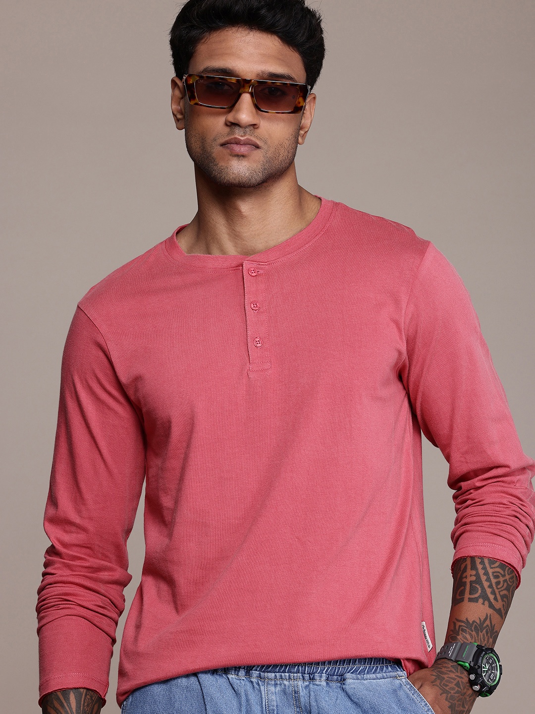 

The Roadster Life Co. Henley Neck Pure Cotton T-shirt, Rose