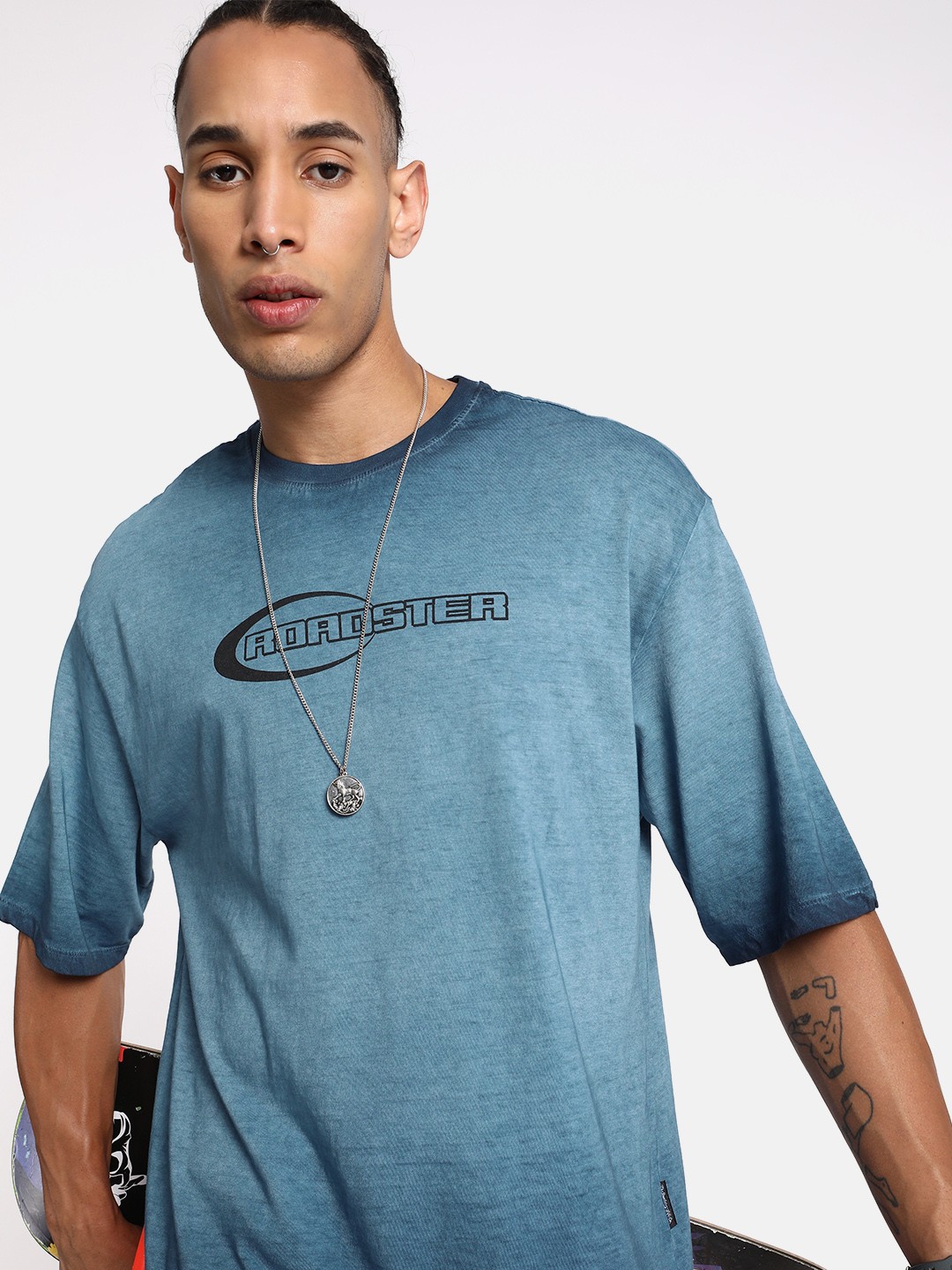 

The Roadster Life Co. Pure Cotton Dyed Oversized Drop-Shoulder Sleeves T-shirt, Blue
