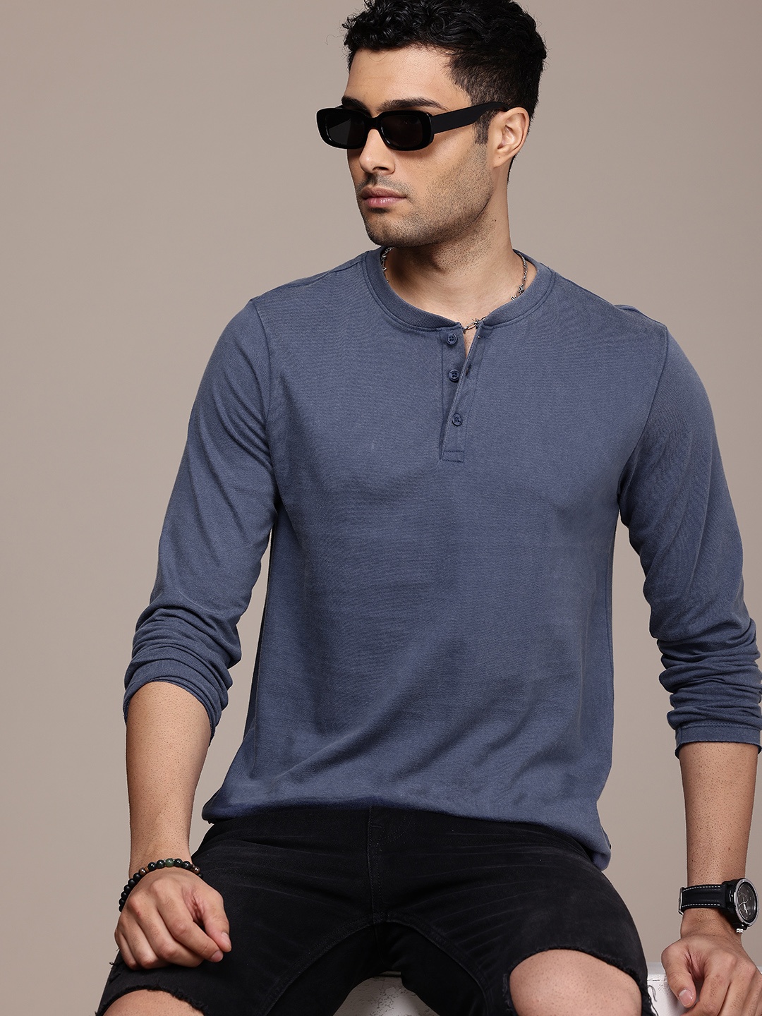 

The Roadster Life Co. Pure Cotton Henley Neck Long Sleeves Casual T-shirt, Blue