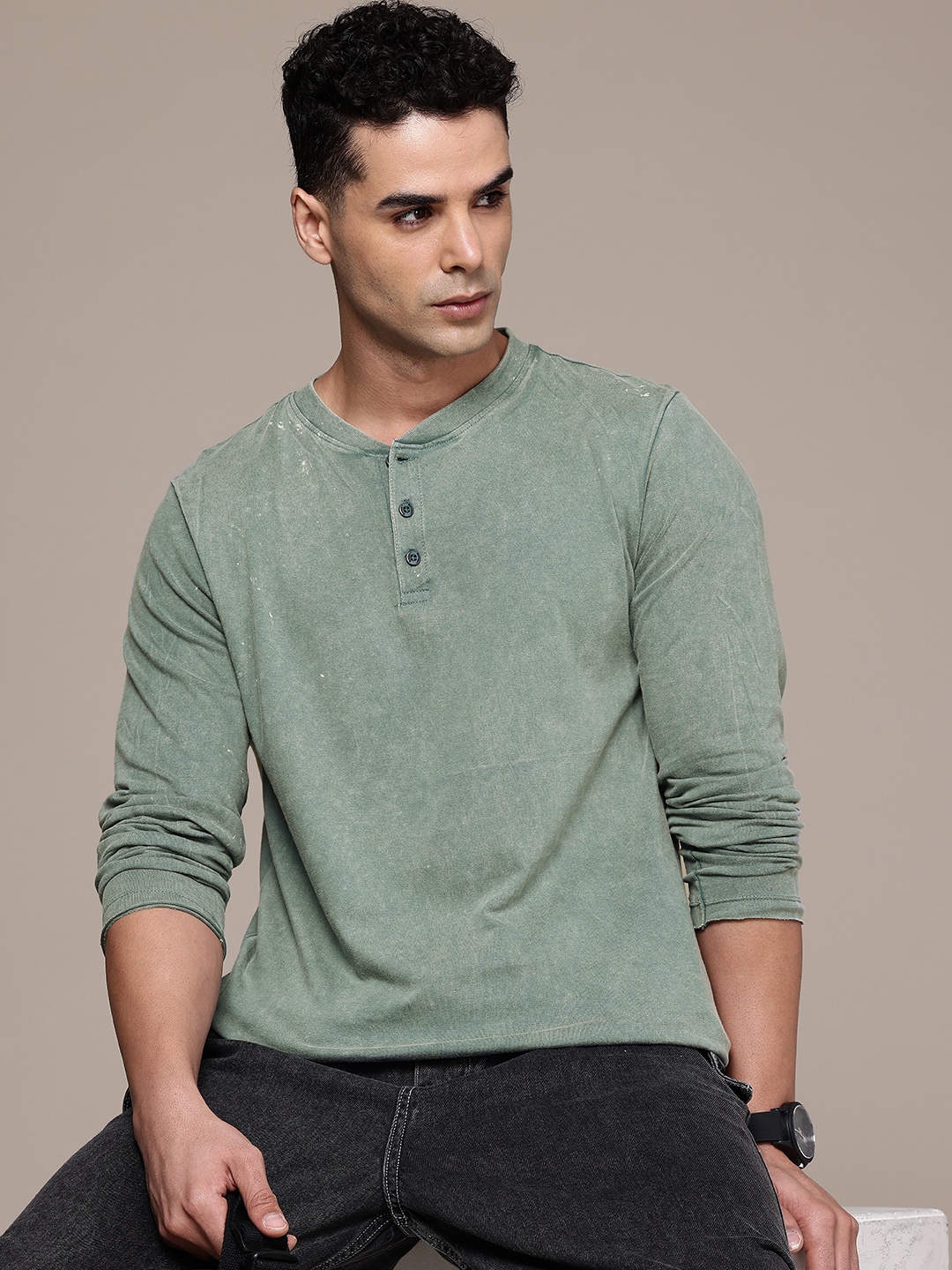 

The Roadster Life Co. Henley Neck Washed Effect Pure Cotton T-shirt, Green