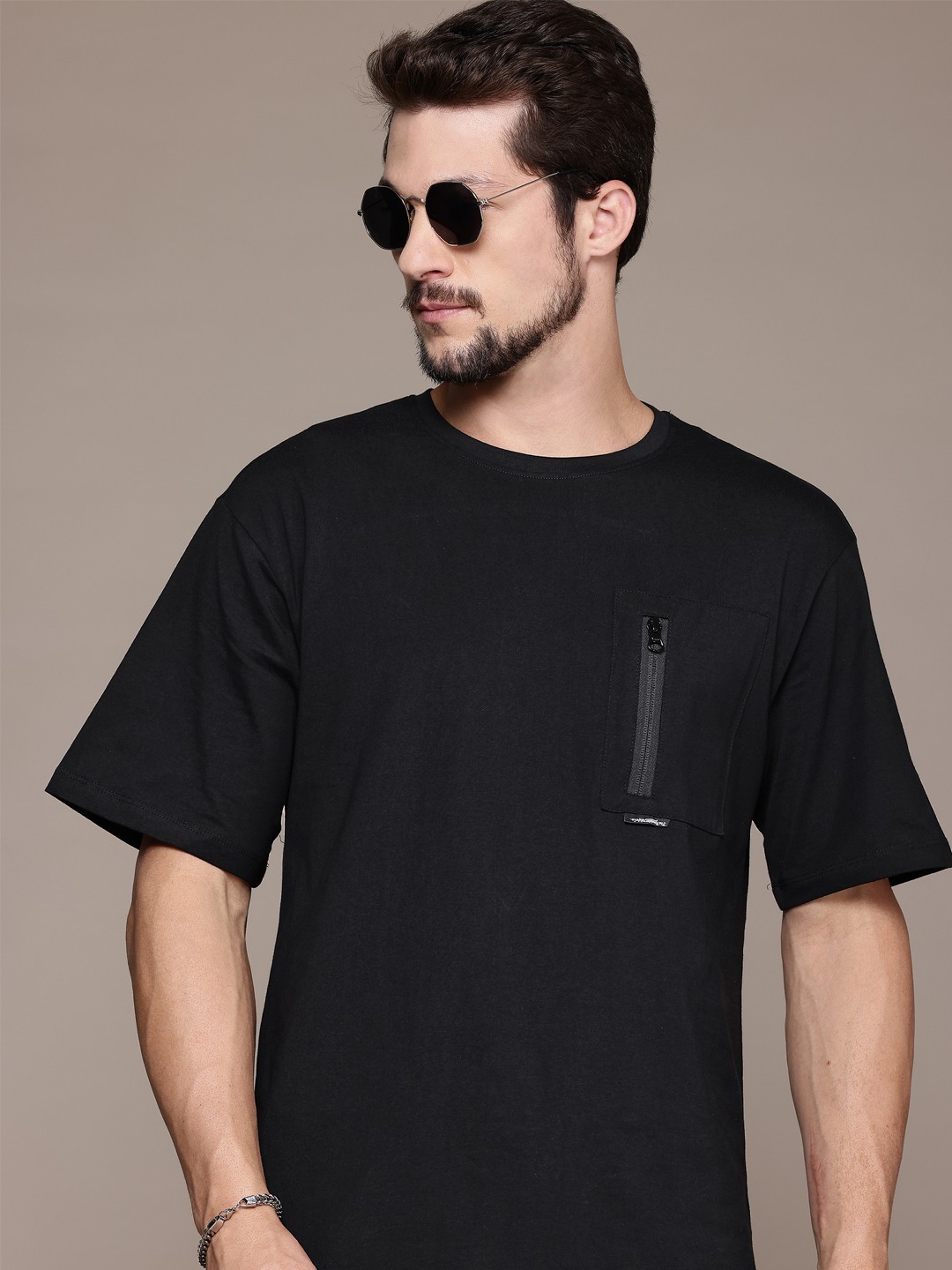 

The Roadster Lifestyle Co. Drop-Shoulder Sleeves Pure Cotton Relaxed T-shirt, Black